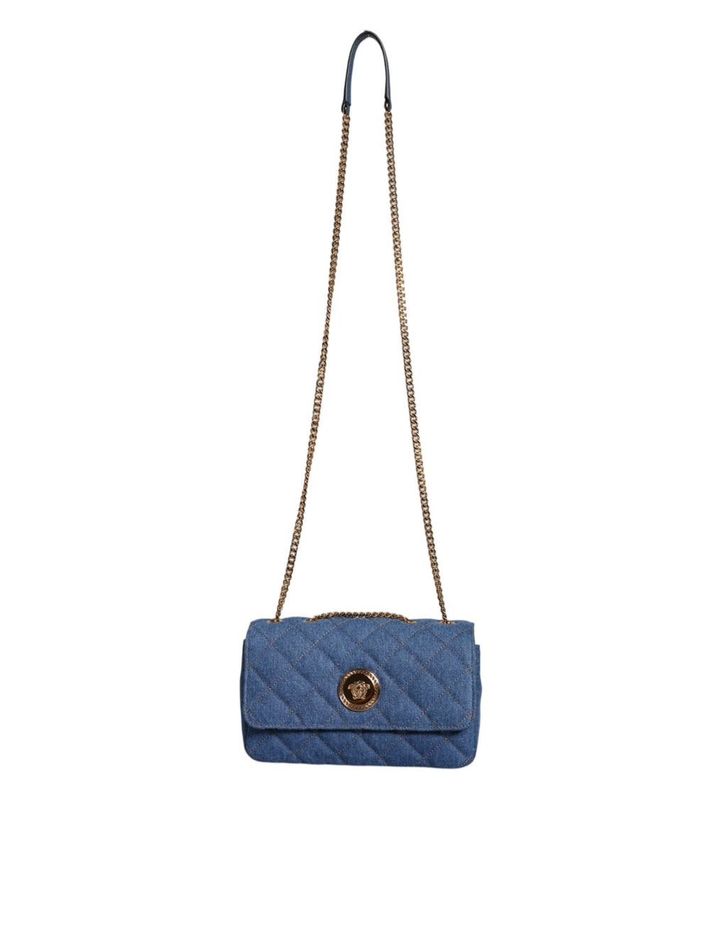 Sac bandoulière en cuir denim matelassé bleu Versace