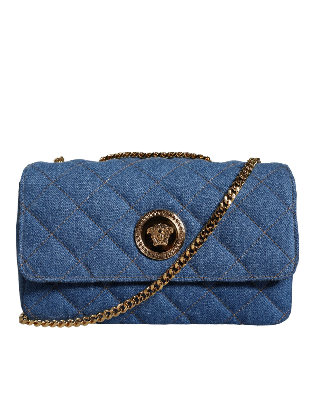 Sac bandoulière en cuir denim matelassé bleu Versace