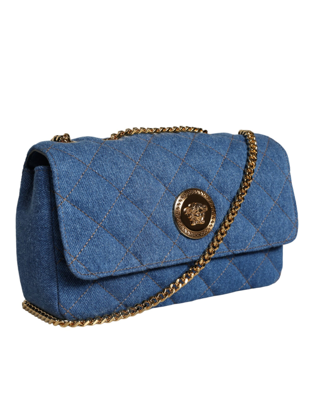 Sac bandoulière en cuir denim matelassé bleu Versace