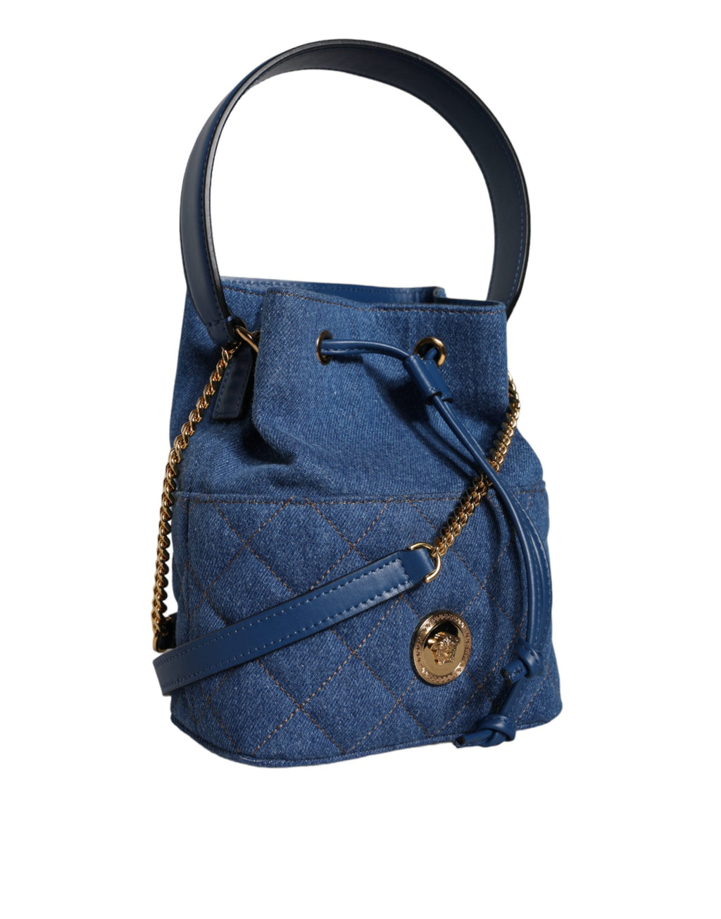 Sac bandoulière en cuir denim matelassé bleu Versace