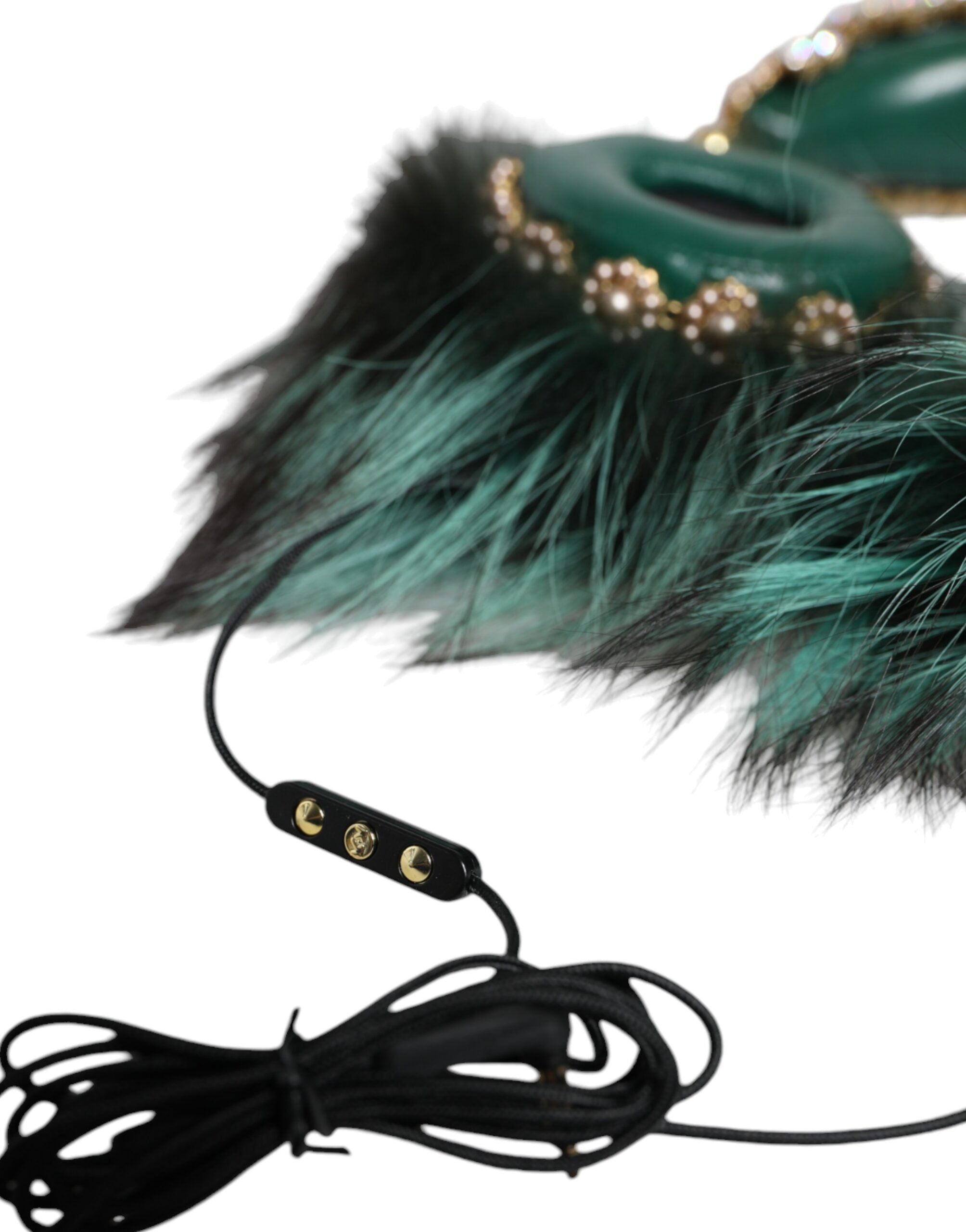 Dolce &amp; Gabbana Grün Gold Kristall Pelz Headset Audio AUX Kopfhörer