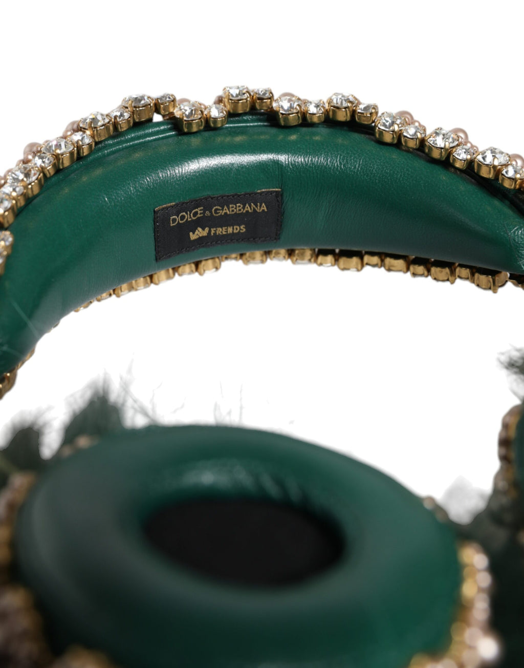 Dolce &amp; Gabbana Grün Gold Kristall Pelz Headset Audio AUX Kopfhörer