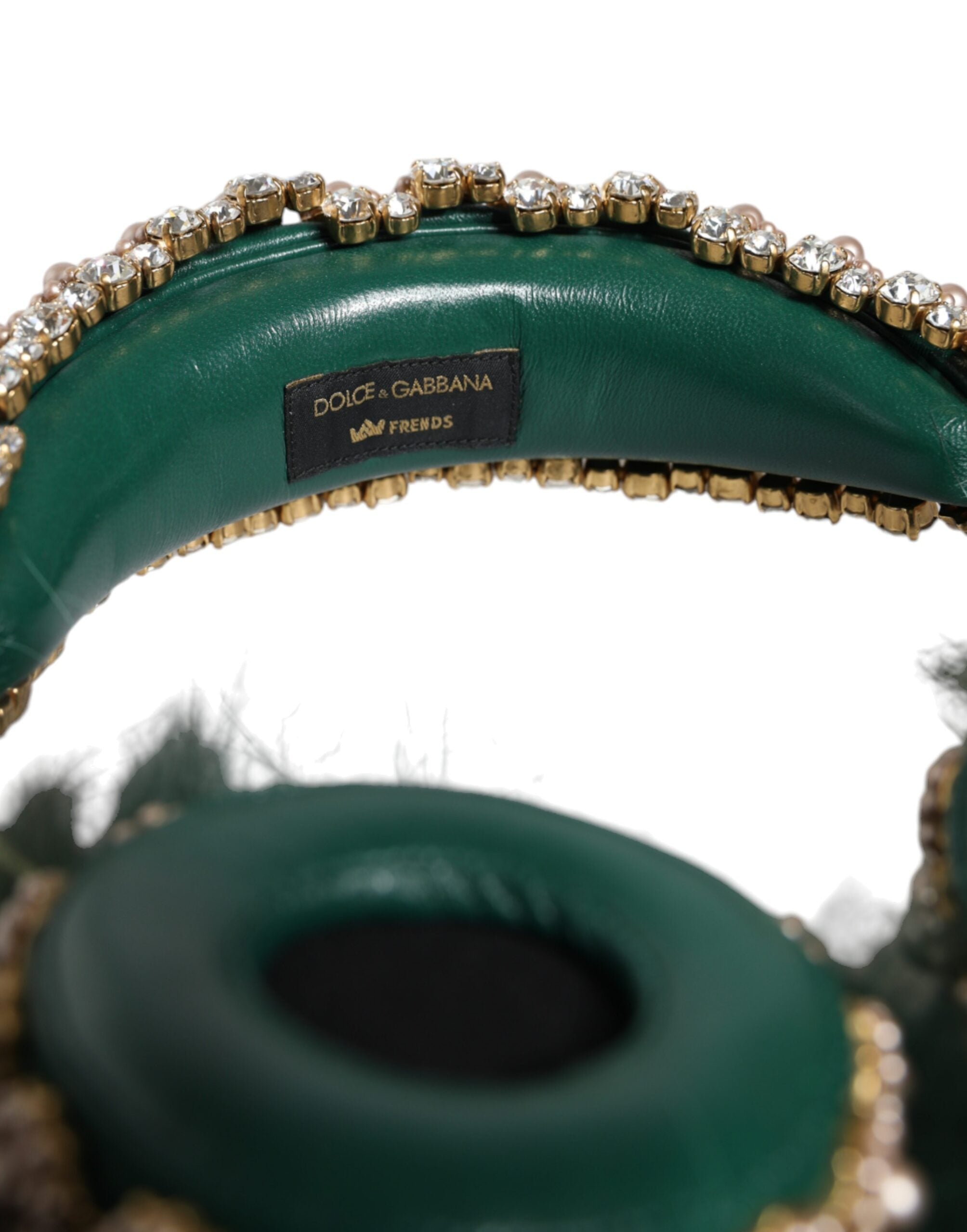 Dolce &amp; Gabbana Grün Gold Kristall Pelz Headset Audio AUX Kopfhörer