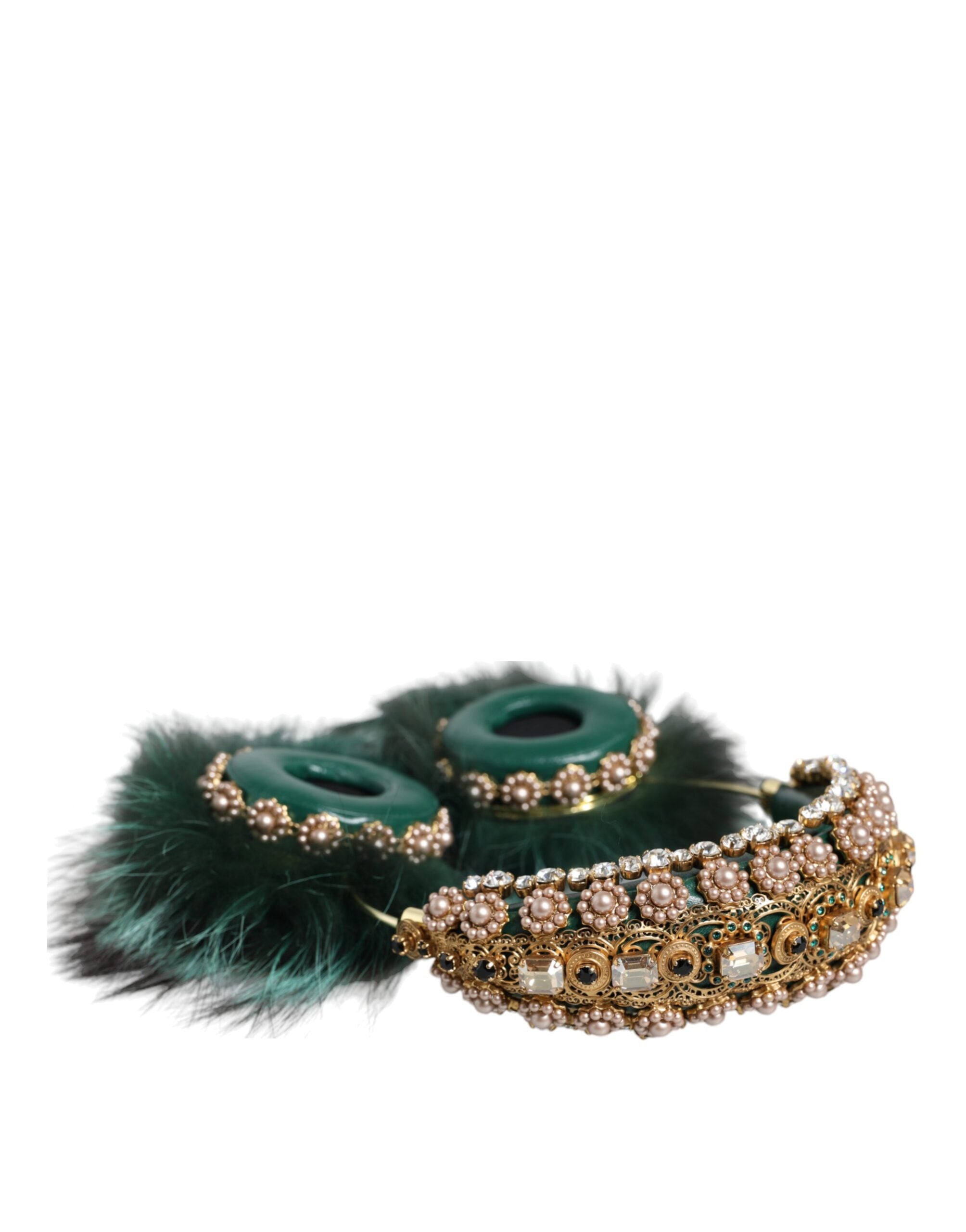 Dolce &amp; Gabbana Grün Gold Kristall Pelz Headset Audio AUX Kopfhörer