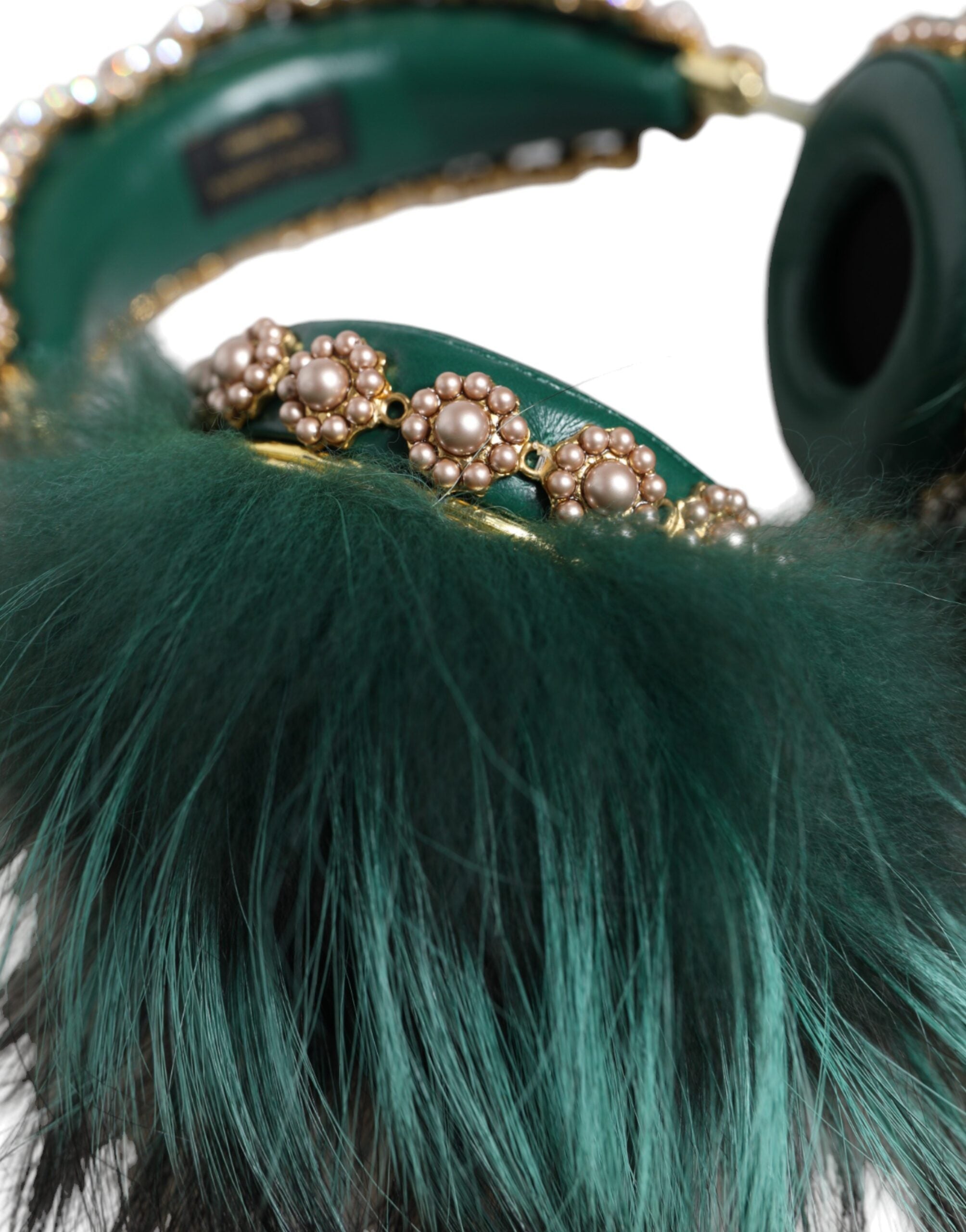 Dolce &amp; Gabbana Grün Gold Kristall Pelz Headset Audio AUX Kopfhörer