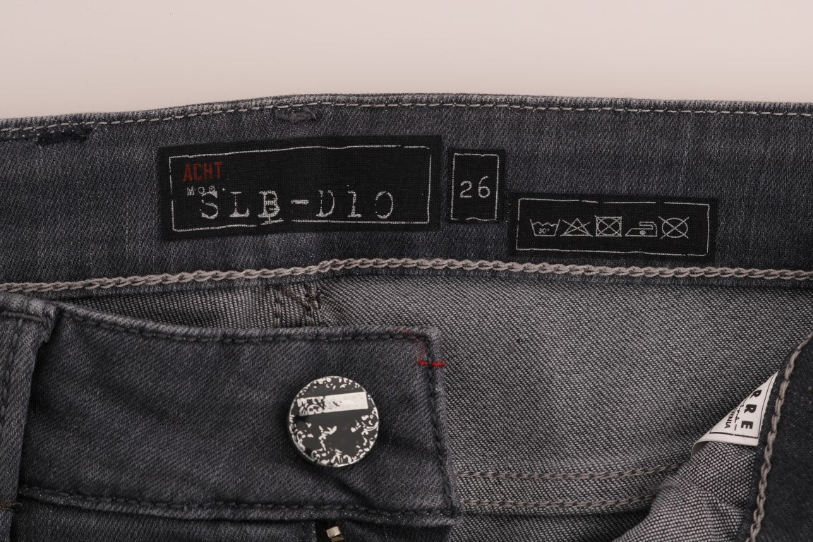 Acht schlanke, graue Designer-Jeans mit schmaler Passform