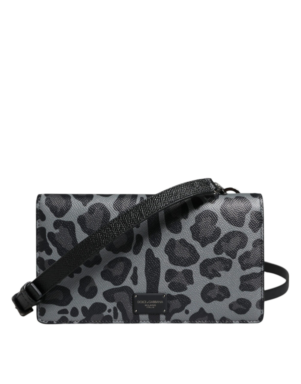 Dolce &amp; Gabbana – Schwarz-graue Umhängetasche aus Leder mit zweifachem Kartenfach und Leopardenmuster