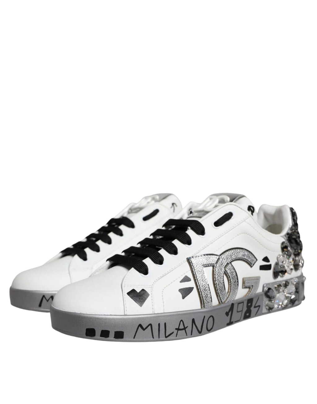 Baskets Portofino Dolce &amp; Gabbana blanches argentées avec logo en cristal