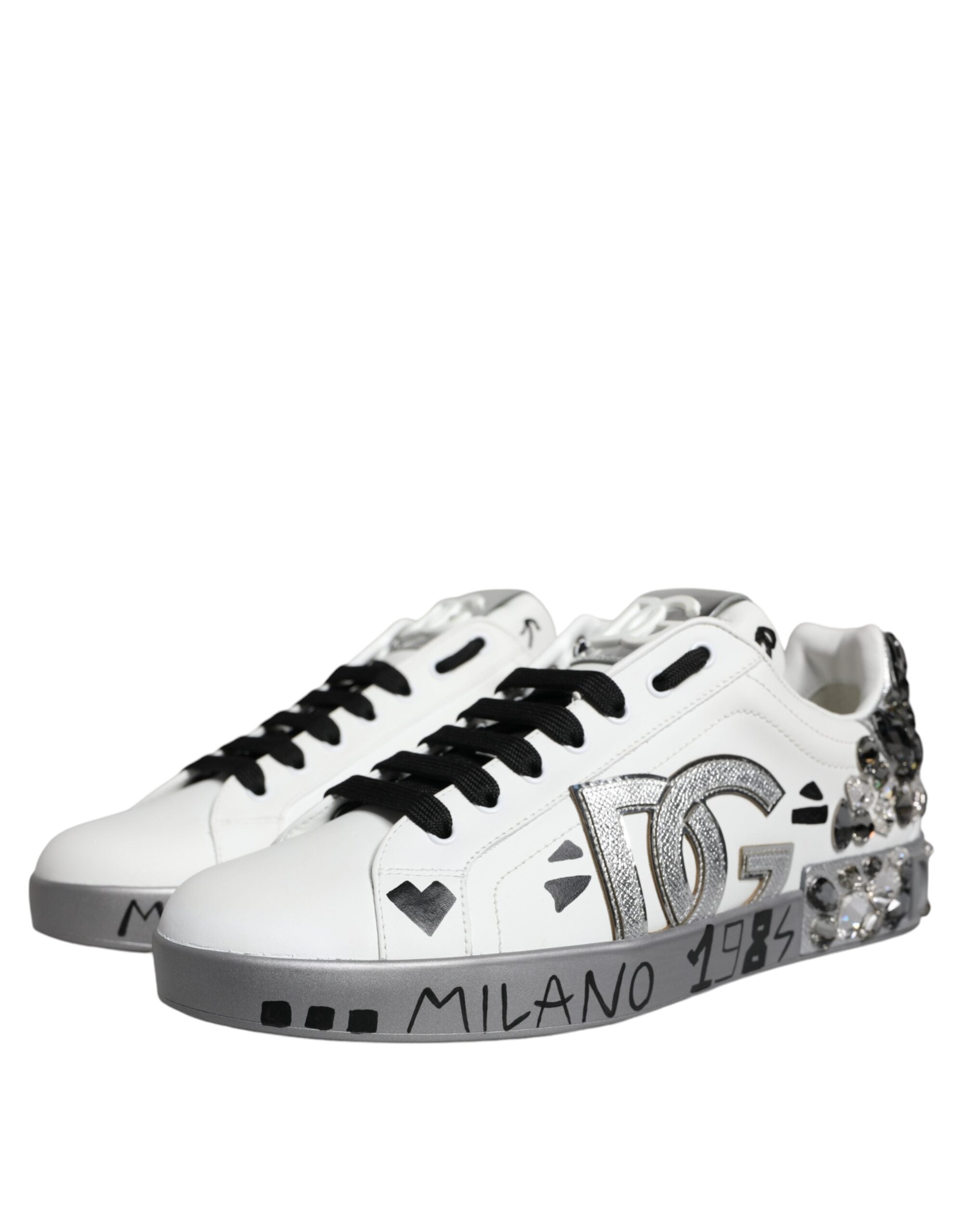Baskets Portofino Dolce &amp; Gabbana blanches argentées avec logo en cristal