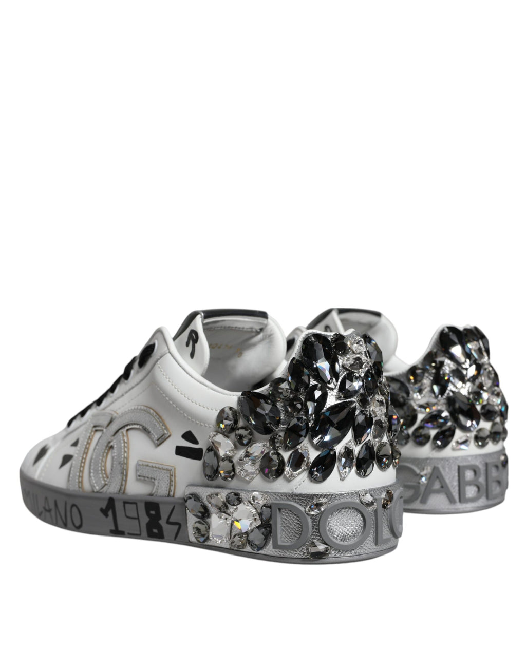 Baskets Portofino Dolce &amp; Gabbana blanches argentées avec logo en cristal