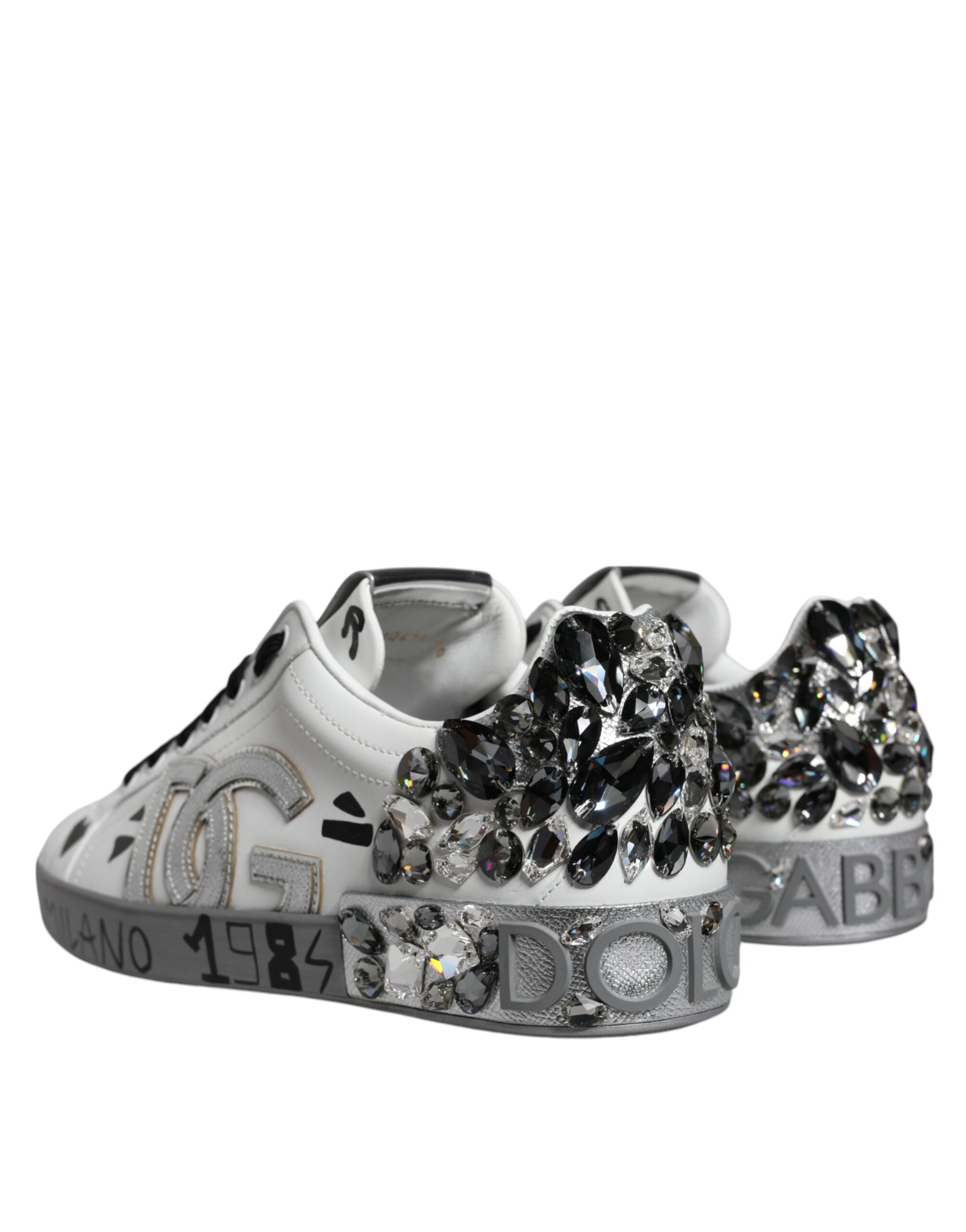Baskets Portofino Dolce &amp; Gabbana blanches argentées avec logo en cristal