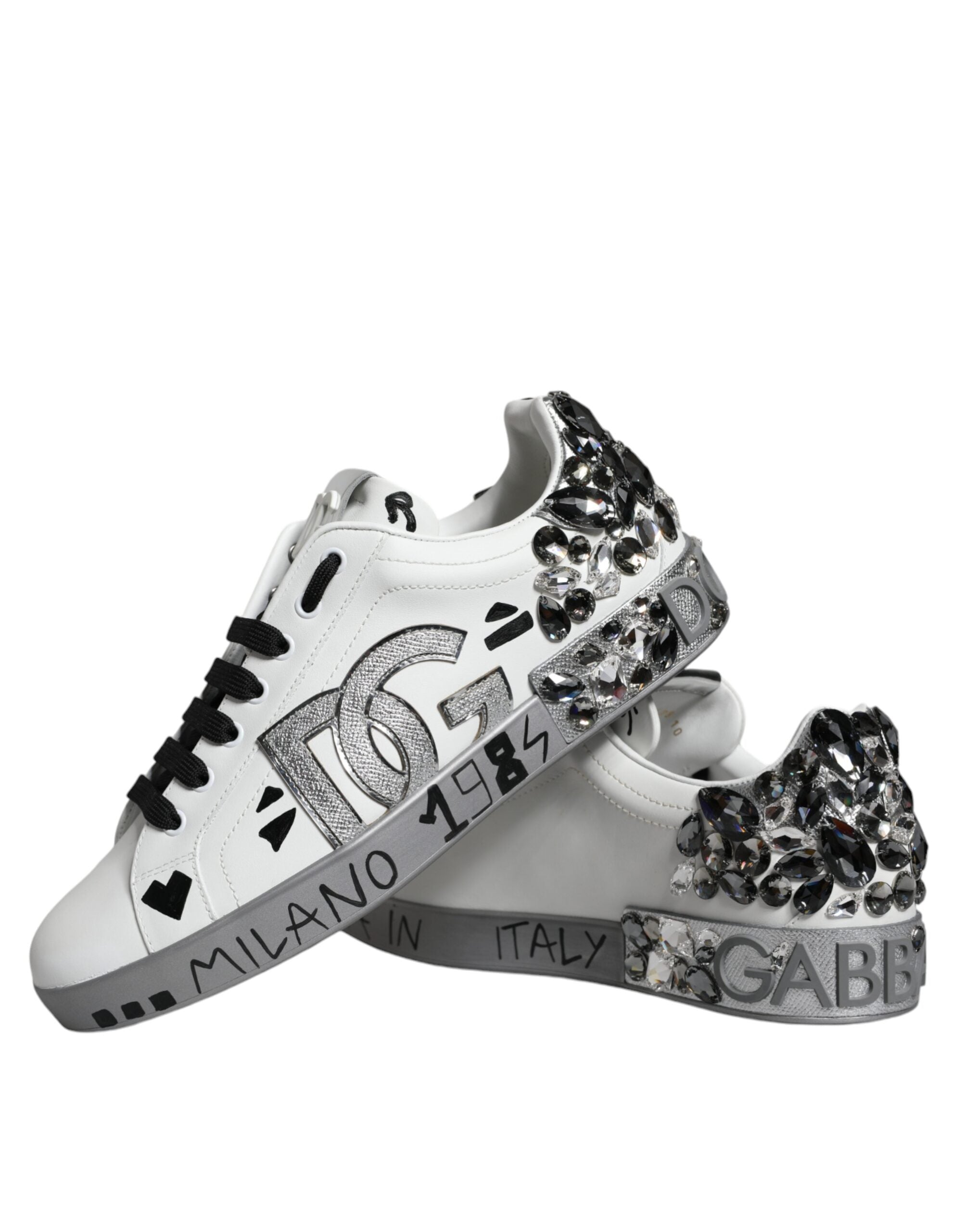 Baskets Portofino Dolce &amp; Gabbana blanches argentées avec logo en cristal