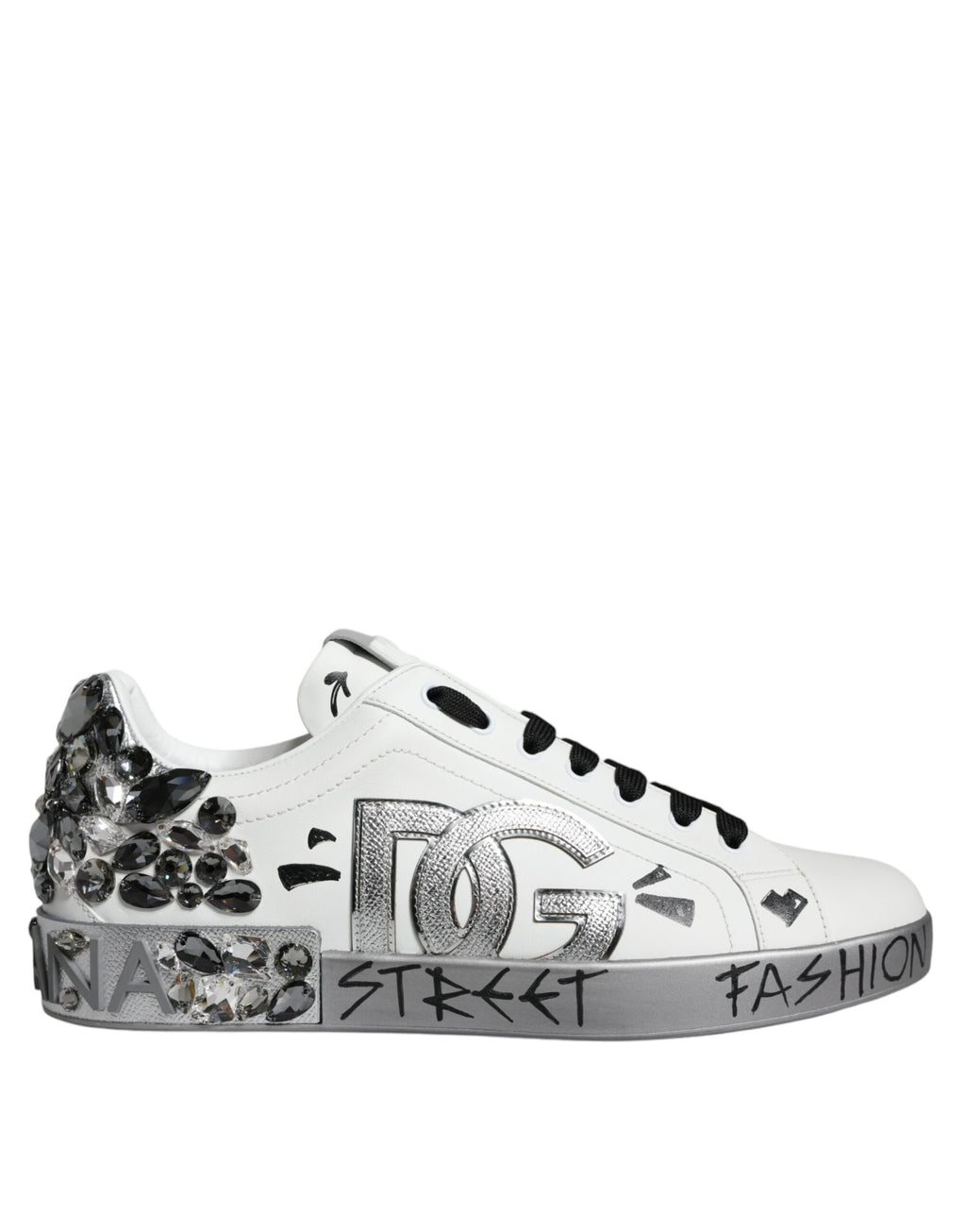 Baskets Portofino Dolce &amp; Gabbana blanches argentées avec logo en cristal