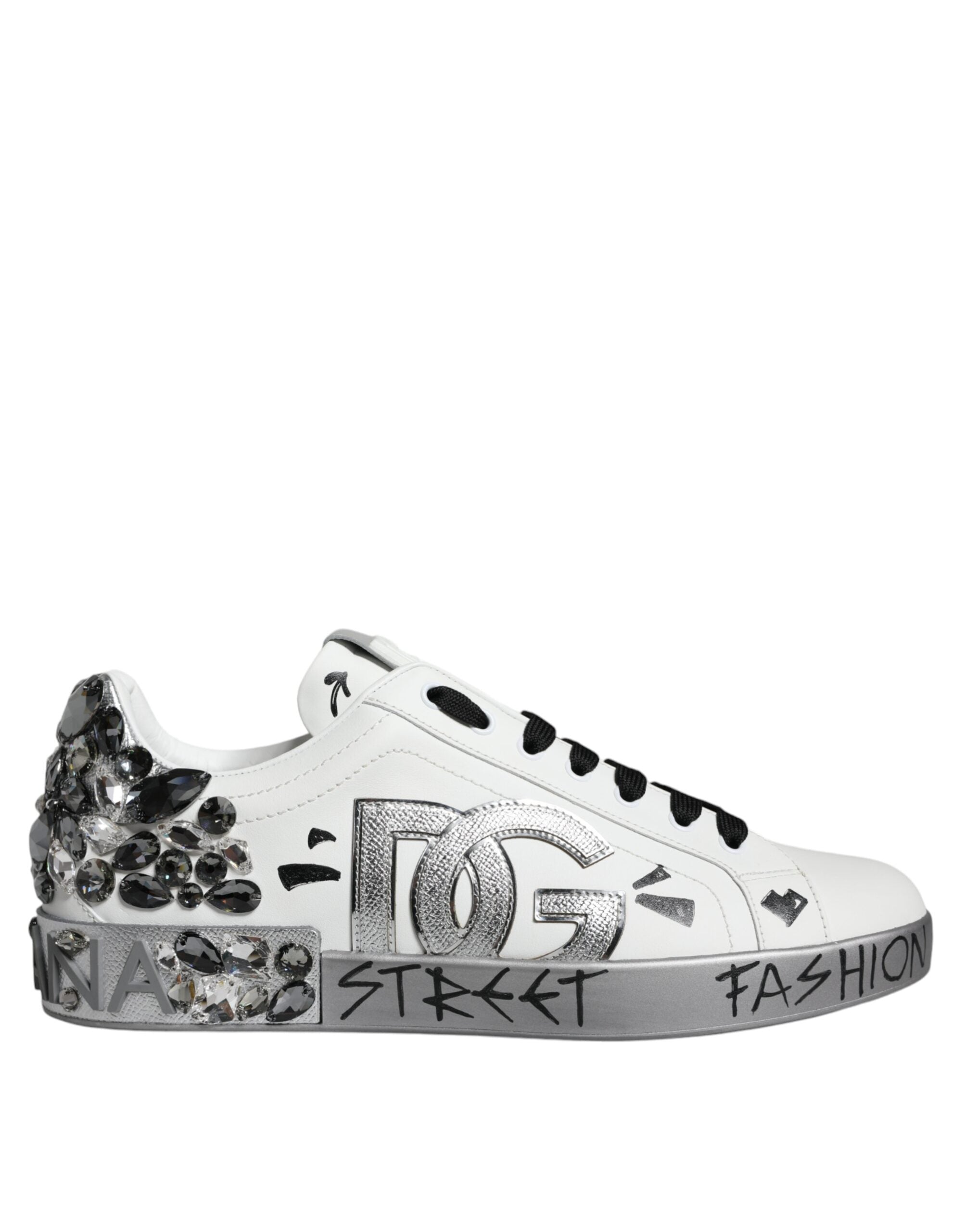 Baskets Portofino Dolce &amp; Gabbana blanches argentées avec logo en cristal