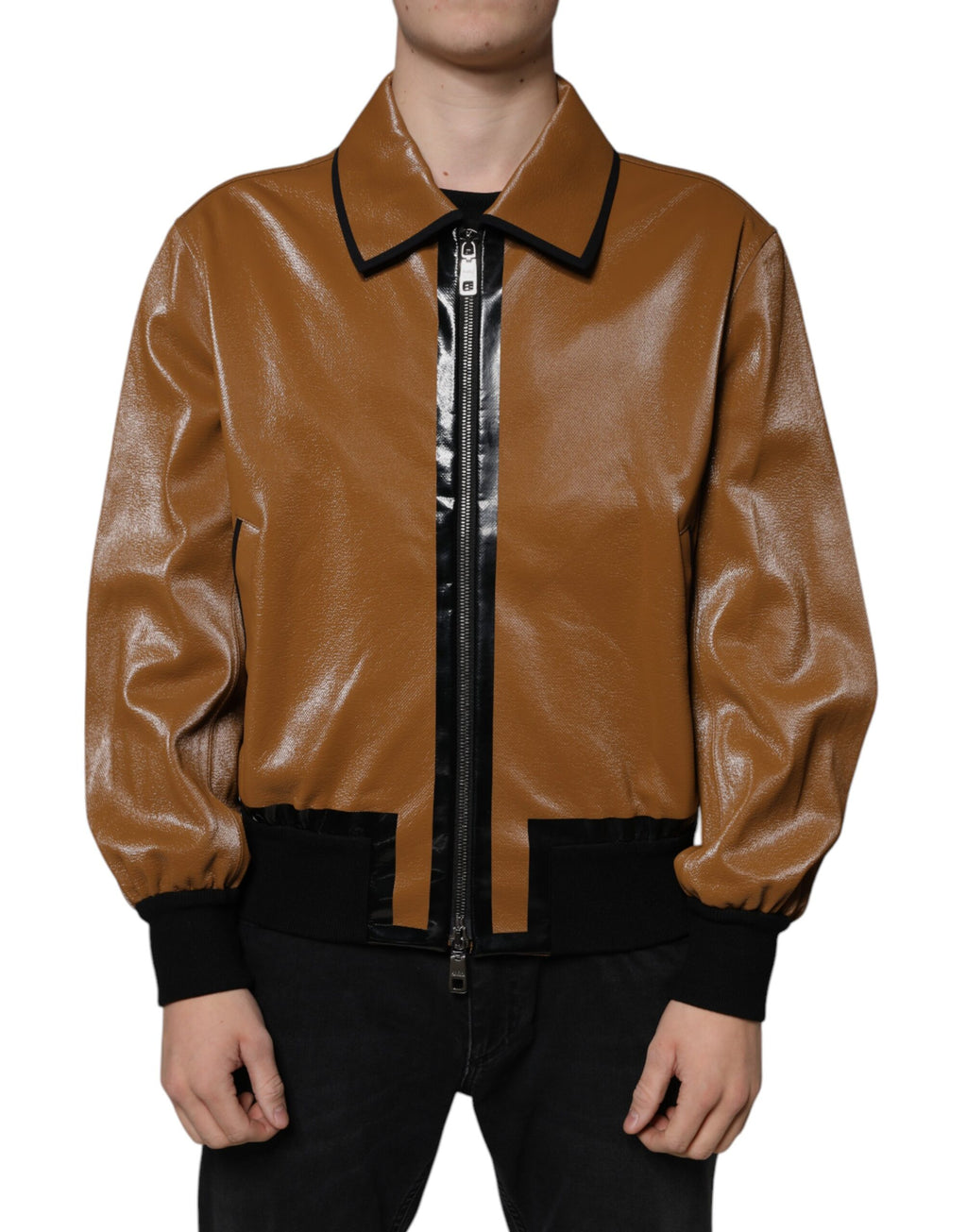 Blouson aviateur zippé en cuir marron Dolce &amp; Gabbana pour homme