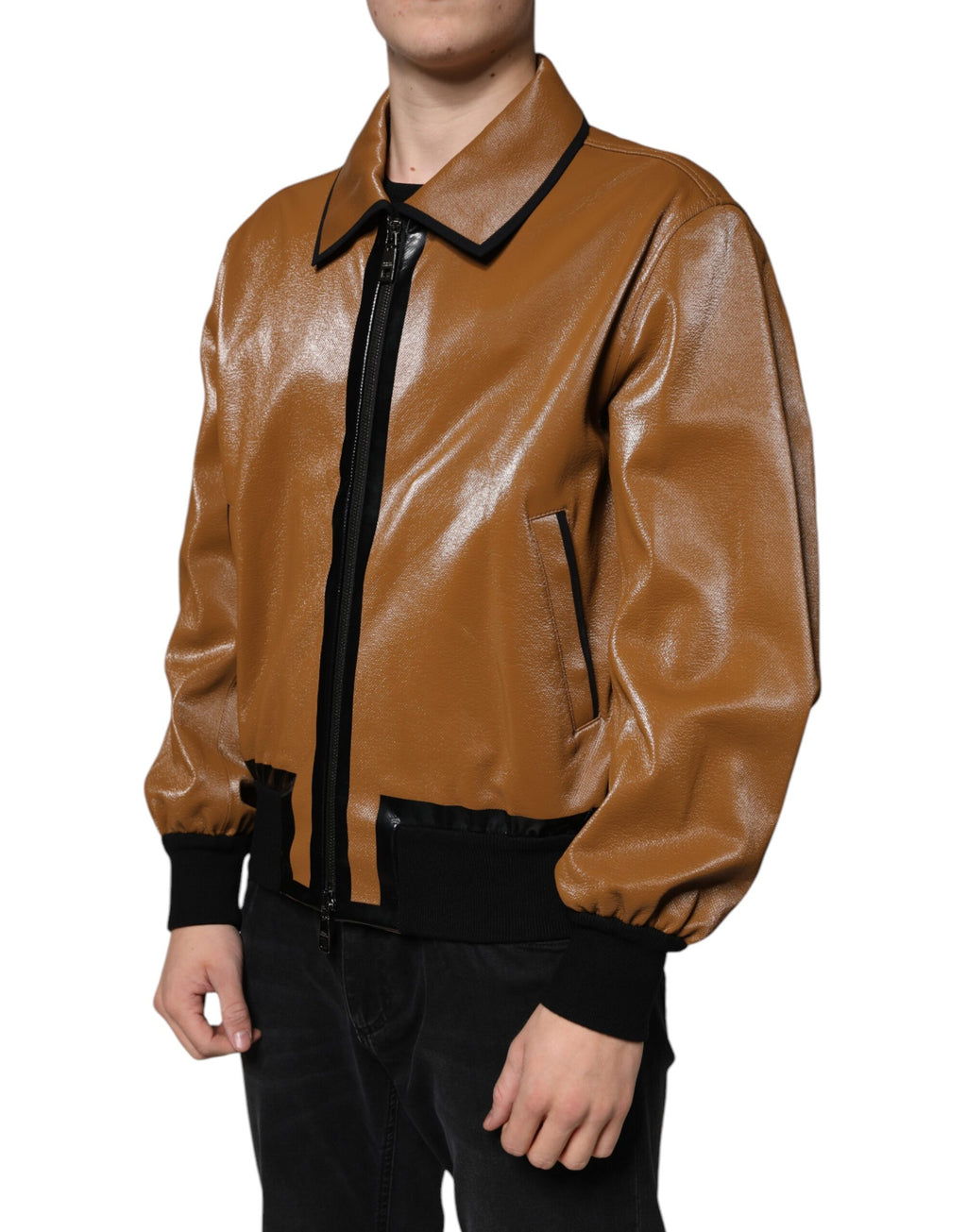 Blouson aviateur zippé en cuir marron Dolce &amp; Gabbana pour homme