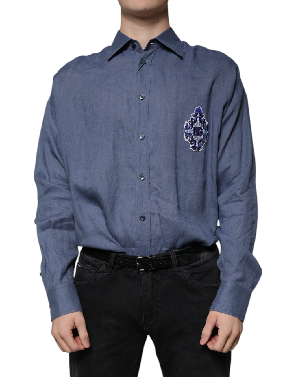 Chemise décontractée boutonnée à manches longues et logo bleu Dolce &amp; Gabbana