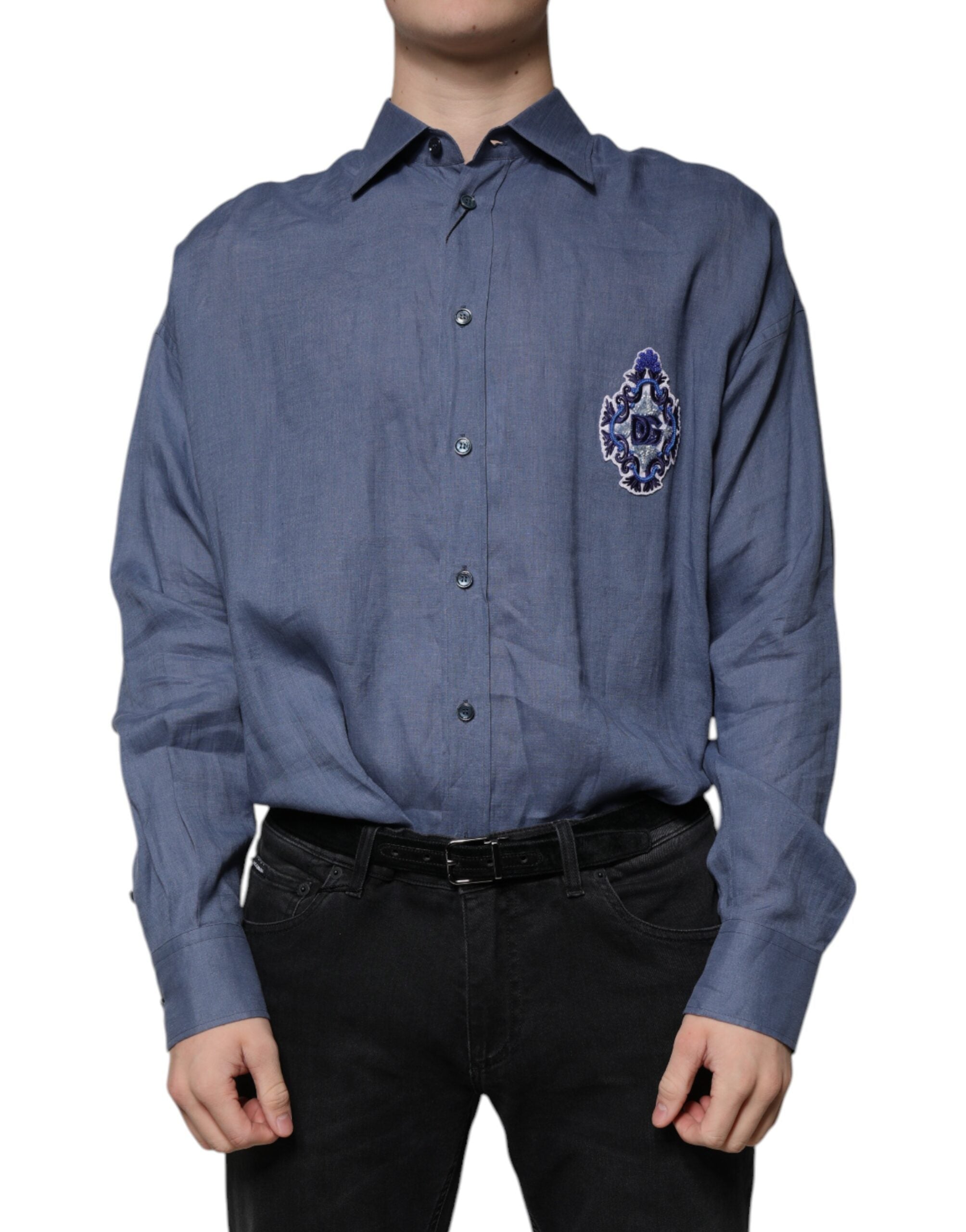 Chemise décontractée boutonnée à manches longues et logo bleu Dolce &amp; Gabbana