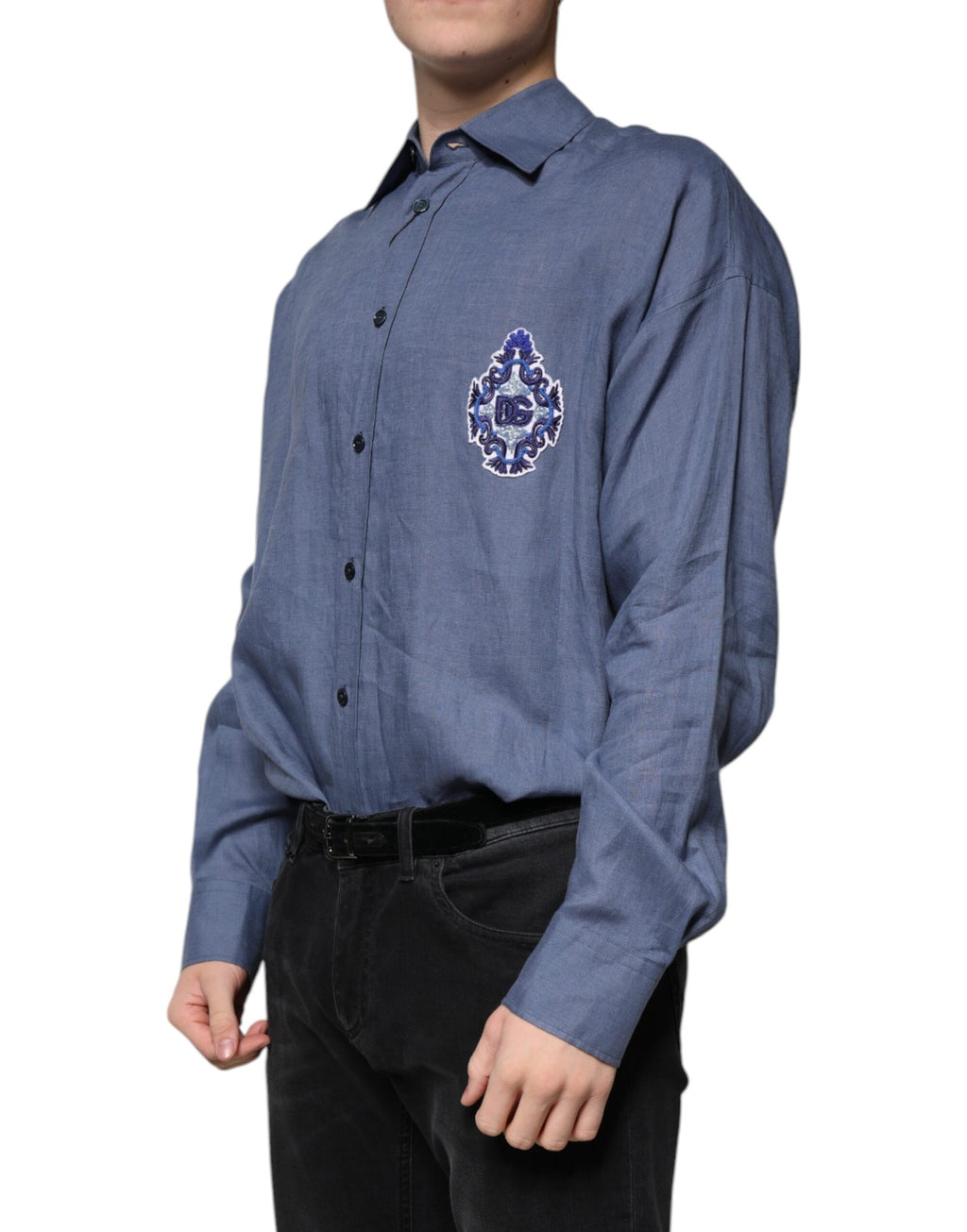 Chemise décontractée boutonnée à manches longues et logo bleu Dolce &amp; Gabbana