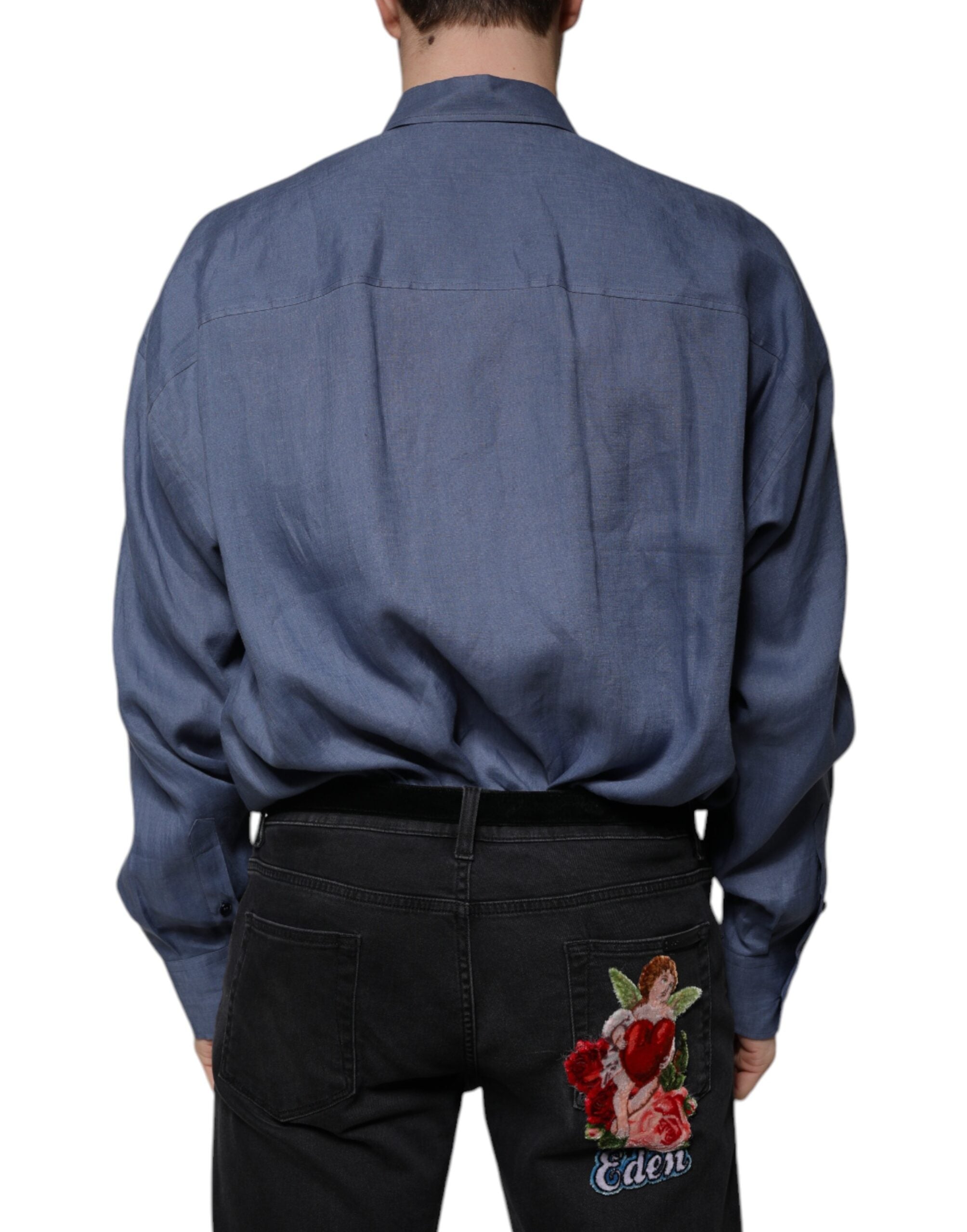 Chemise décontractée boutonnée à manches longues et logo bleu Dolce &amp; Gabbana