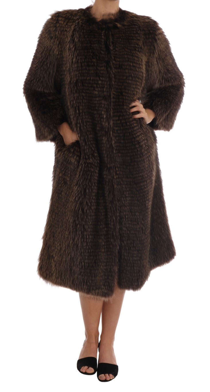 Dolce &amp; Gabbana élégant manteau mi-long en fourrure de raton laveur marron