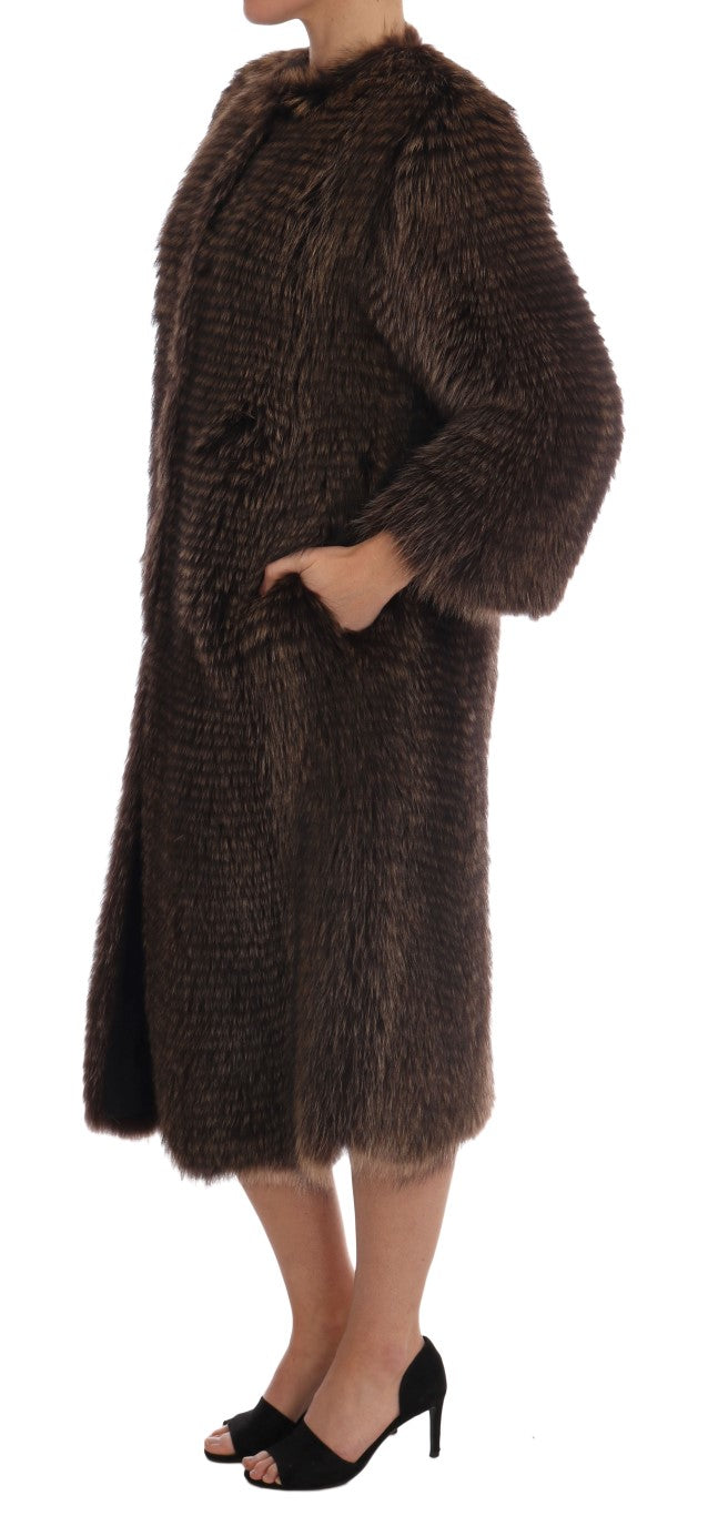 Dolce &amp; Gabbana élégant manteau mi-long en fourrure de raton laveur marron