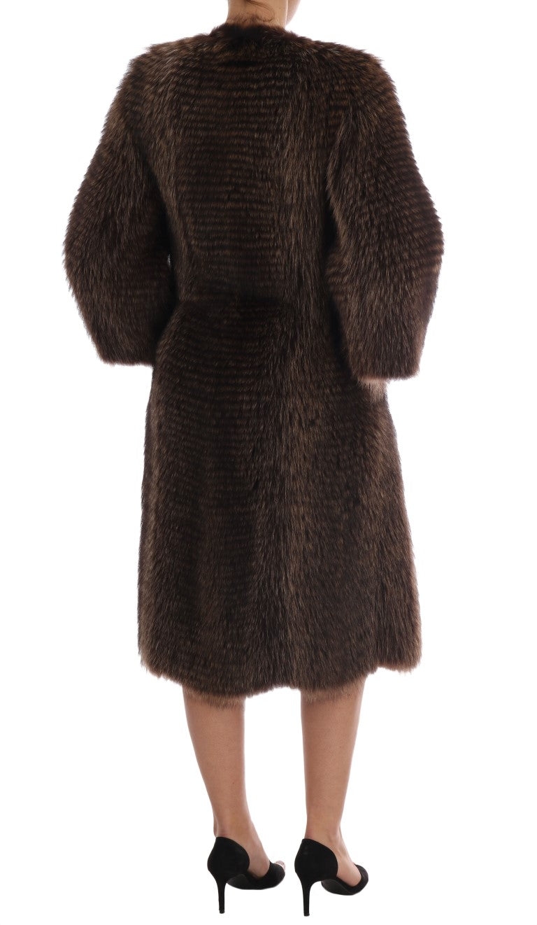 Dolce &amp; Gabbana élégant manteau mi-long en fourrure de raton laveur marron