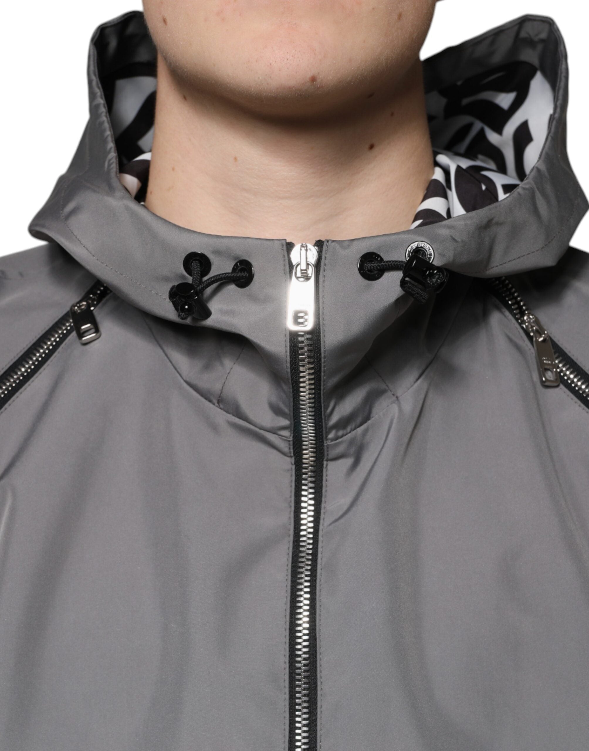 Dolce &amp; Gabbana Graue Polyesterjacke mit Kapuze und durchgehendem Reißverschluss für Herren