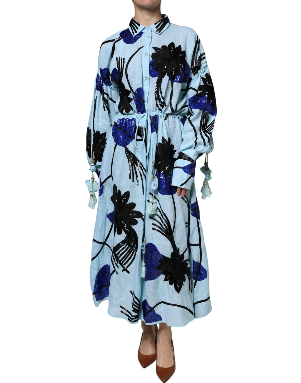 Robe chemise longue bleu clair à fleurs Christian Pellizzari