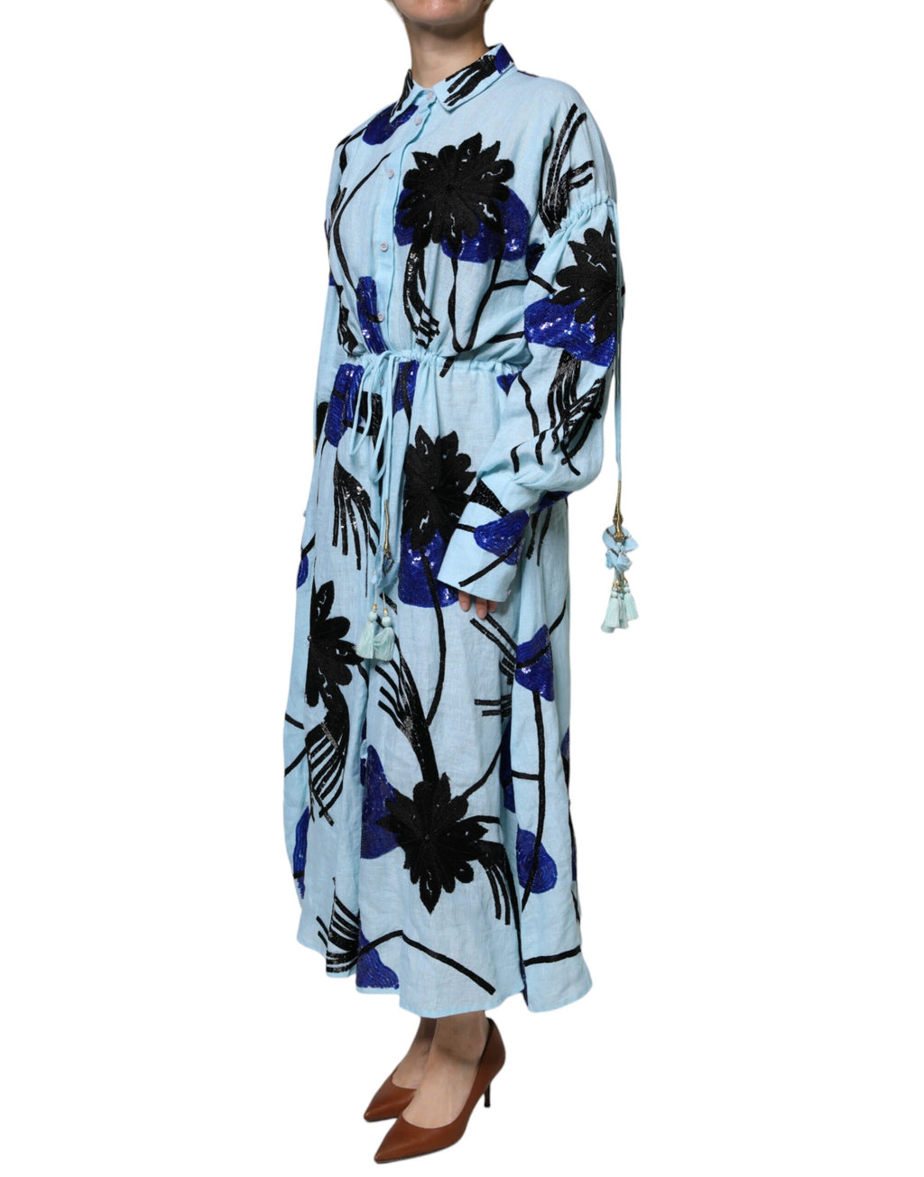 Robe chemise longue bleu clair à fleurs Christian Pellizzari