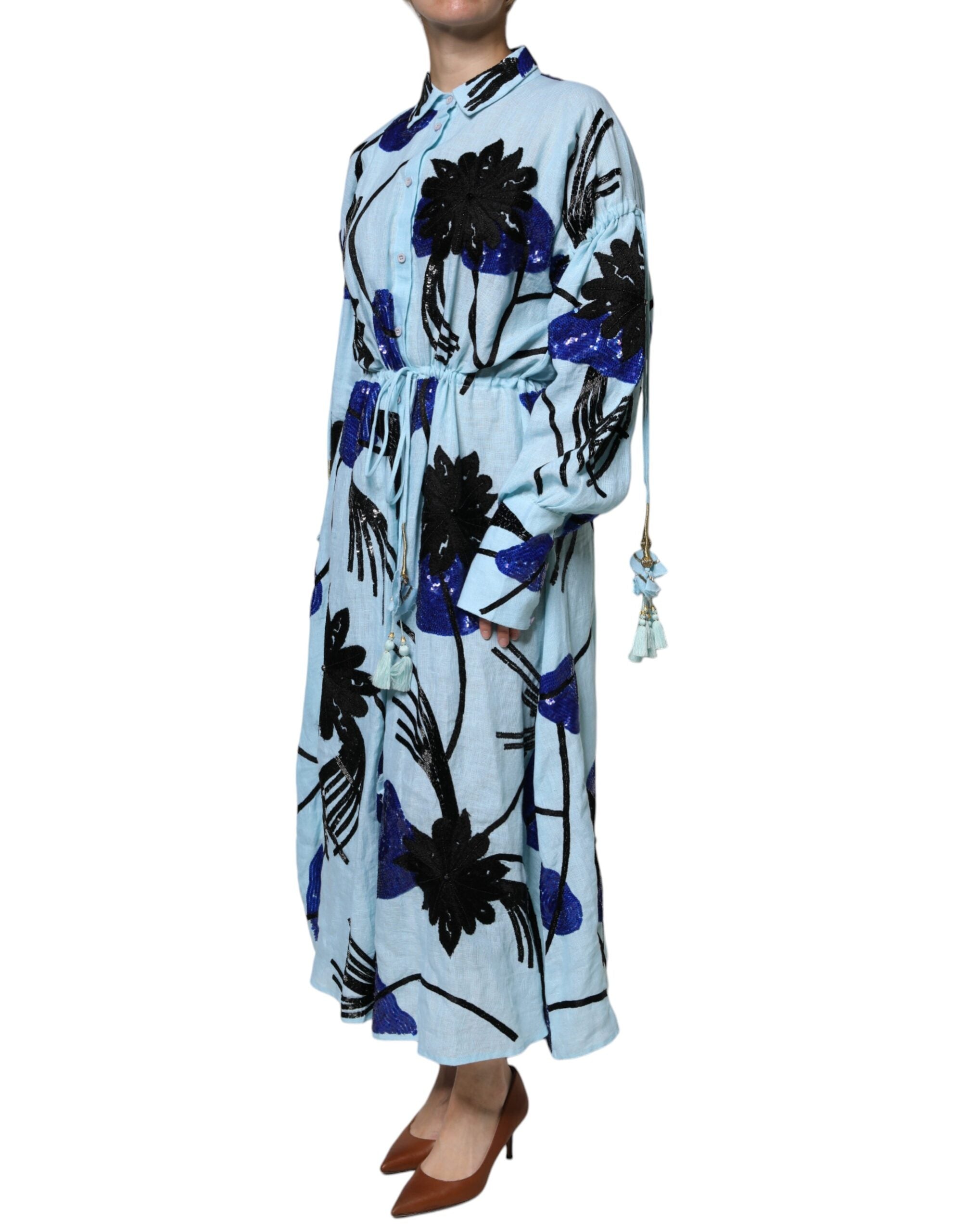 Robe chemise longue bleu clair à fleurs Christian Pellizzari