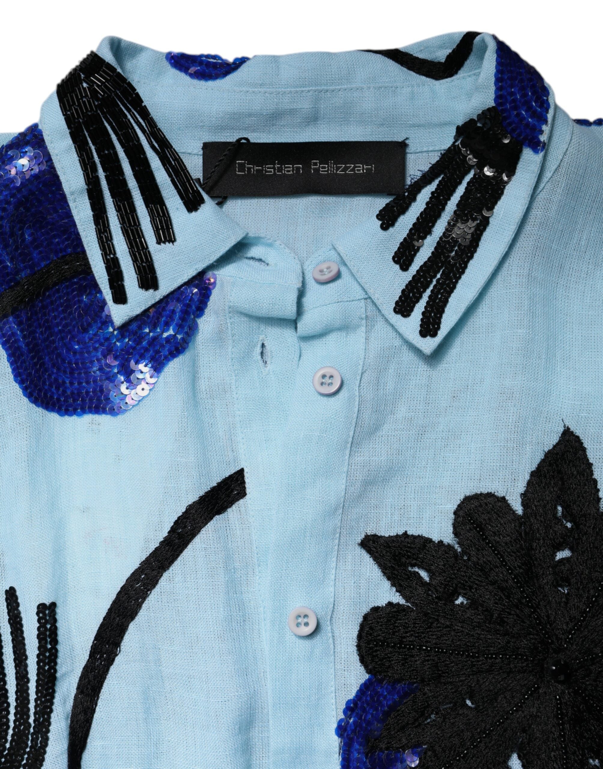 Robe chemise longue bleu clair à fleurs Christian Pellizzari
