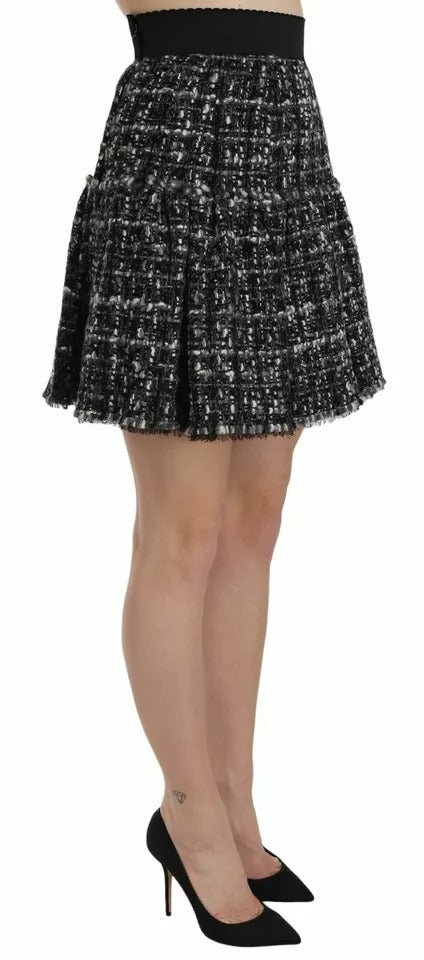 Mini-jupe en laine noire à carreaux et volants Dolce &amp; Gabbana