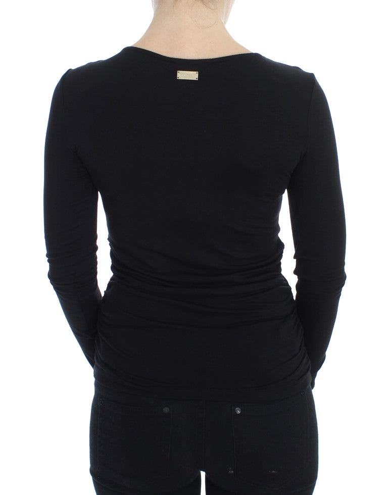 Pull élégant à col en V en viscose mélangée noire Versace Jeans