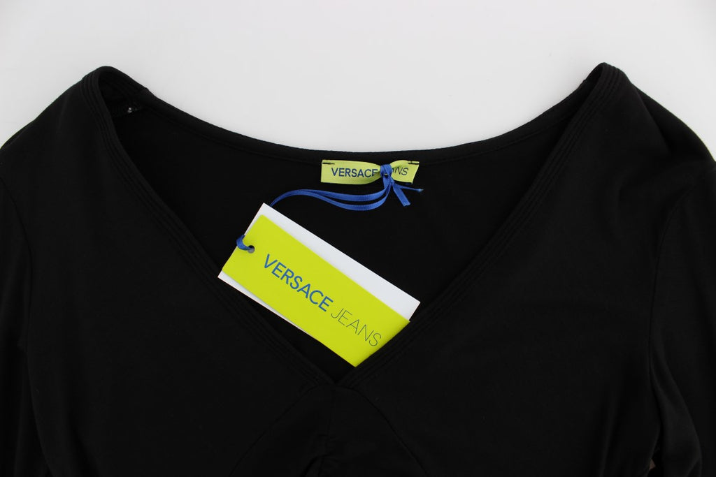 Pull élégant à col en V en viscose mélangée noire Versace Jeans