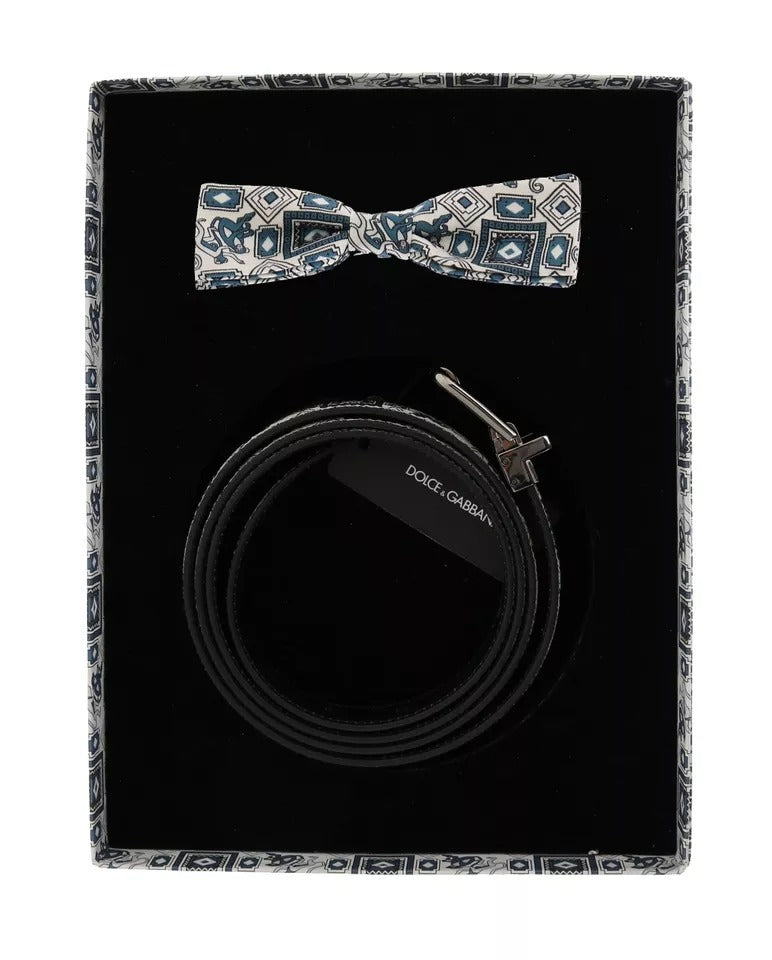 Coffret cadeau ceinture en cuir et nœud papillon en soie blanc et bleu Dolce &amp; Gabbana