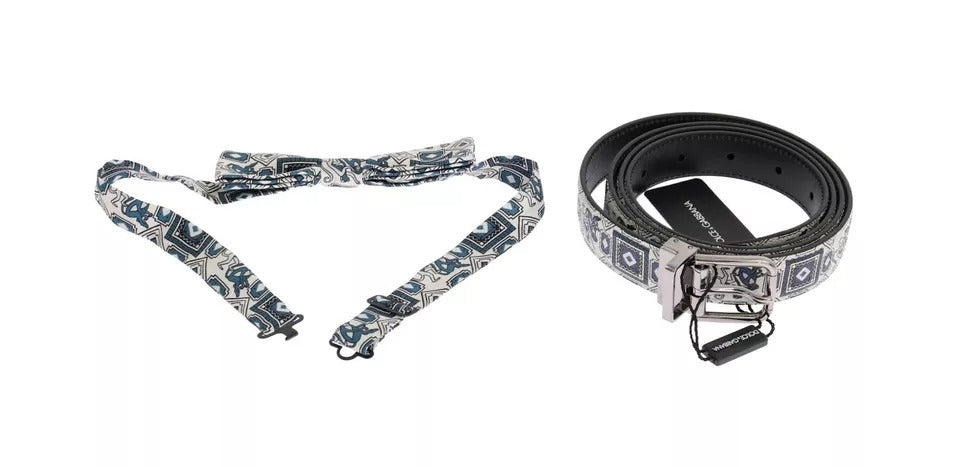 Coffret cadeau ceinture en cuir et nœud papillon en soie blanc et bleu Dolce &amp; Gabbana