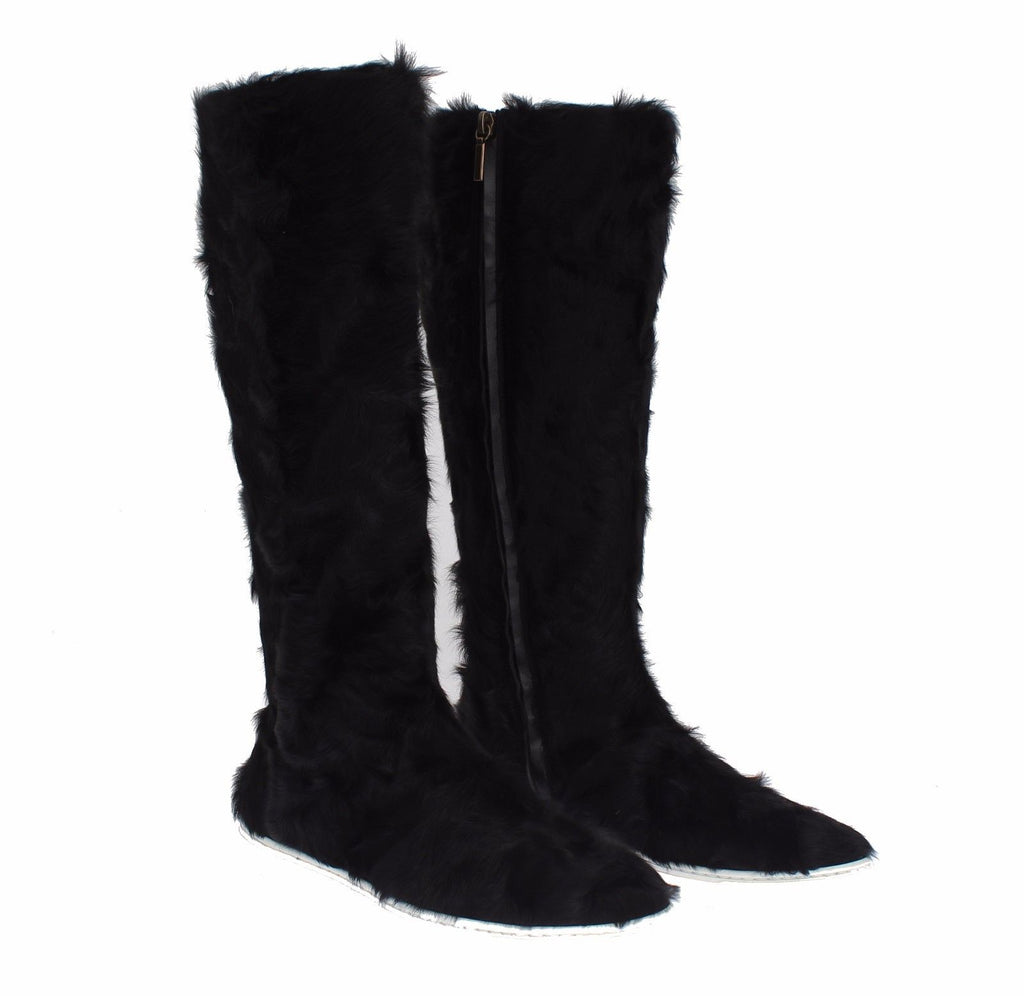 Dolce &amp; Gabbana Elegante flache Sneaker-Stiefel aus schwarzem Pelzleder