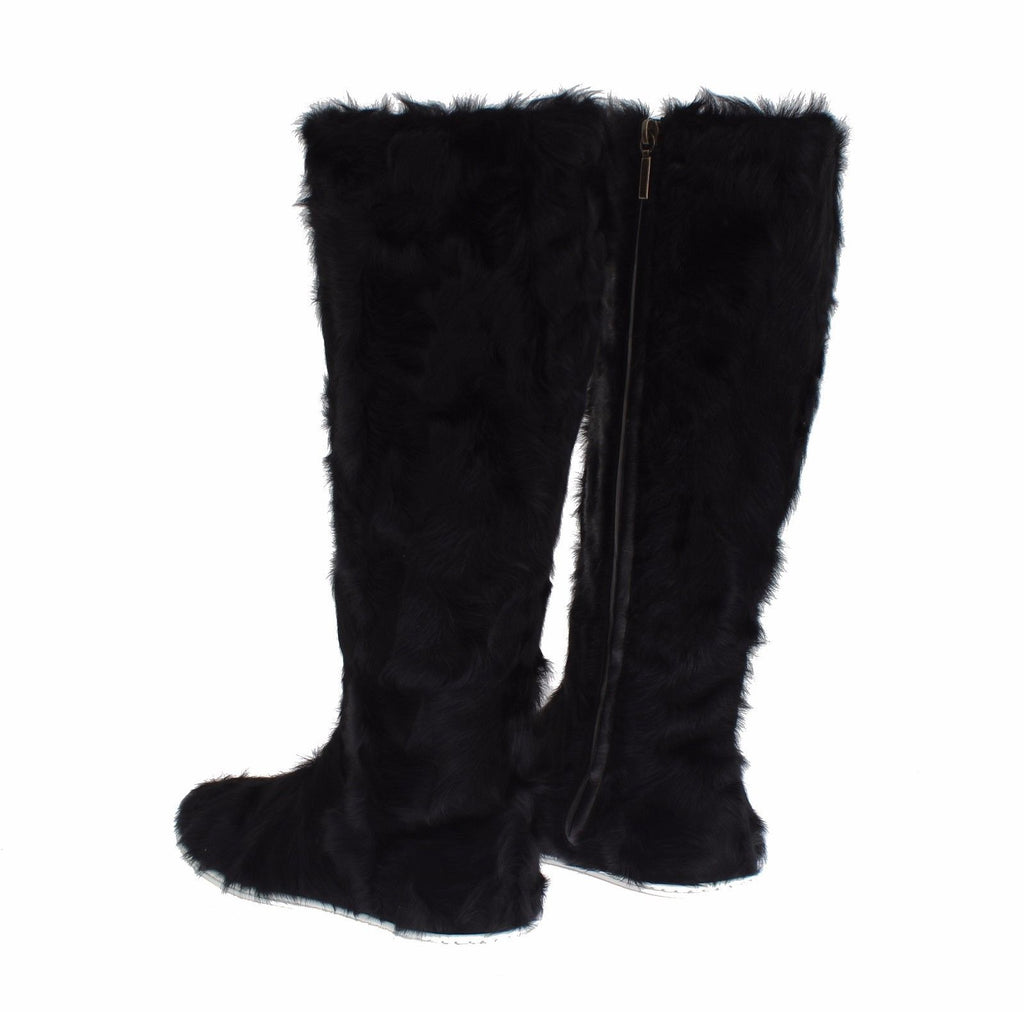 Dolce &amp; Gabbana Elegante flache Sneaker-Stiefel aus schwarzem Pelzleder