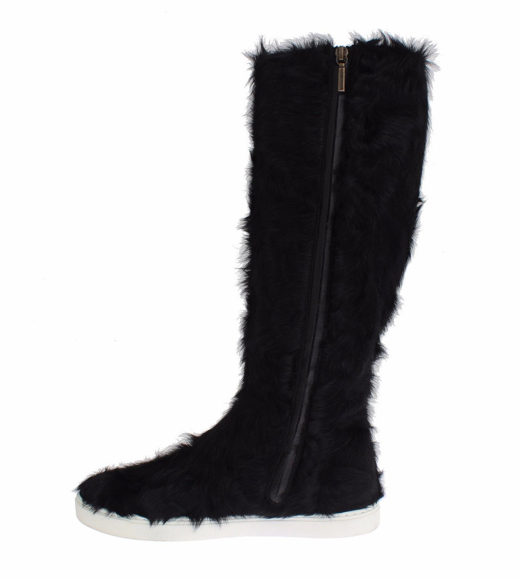 Dolce &amp; Gabbana Elegante flache Sneaker-Stiefel aus schwarzem Pelzleder