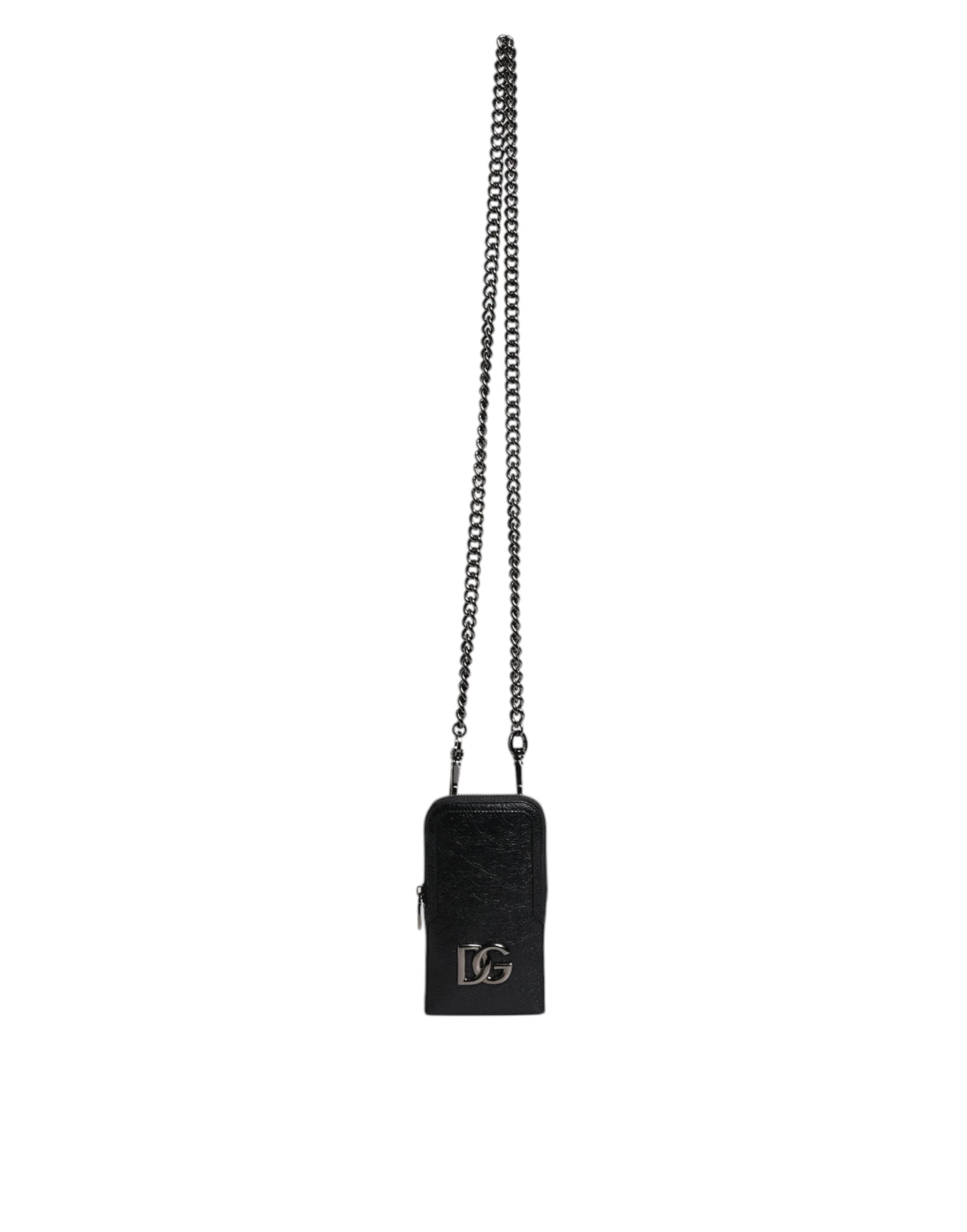 Sac à main en cuir noir Dolce &amp; Gabbana avec bandoulière et chaîne pour téléphone