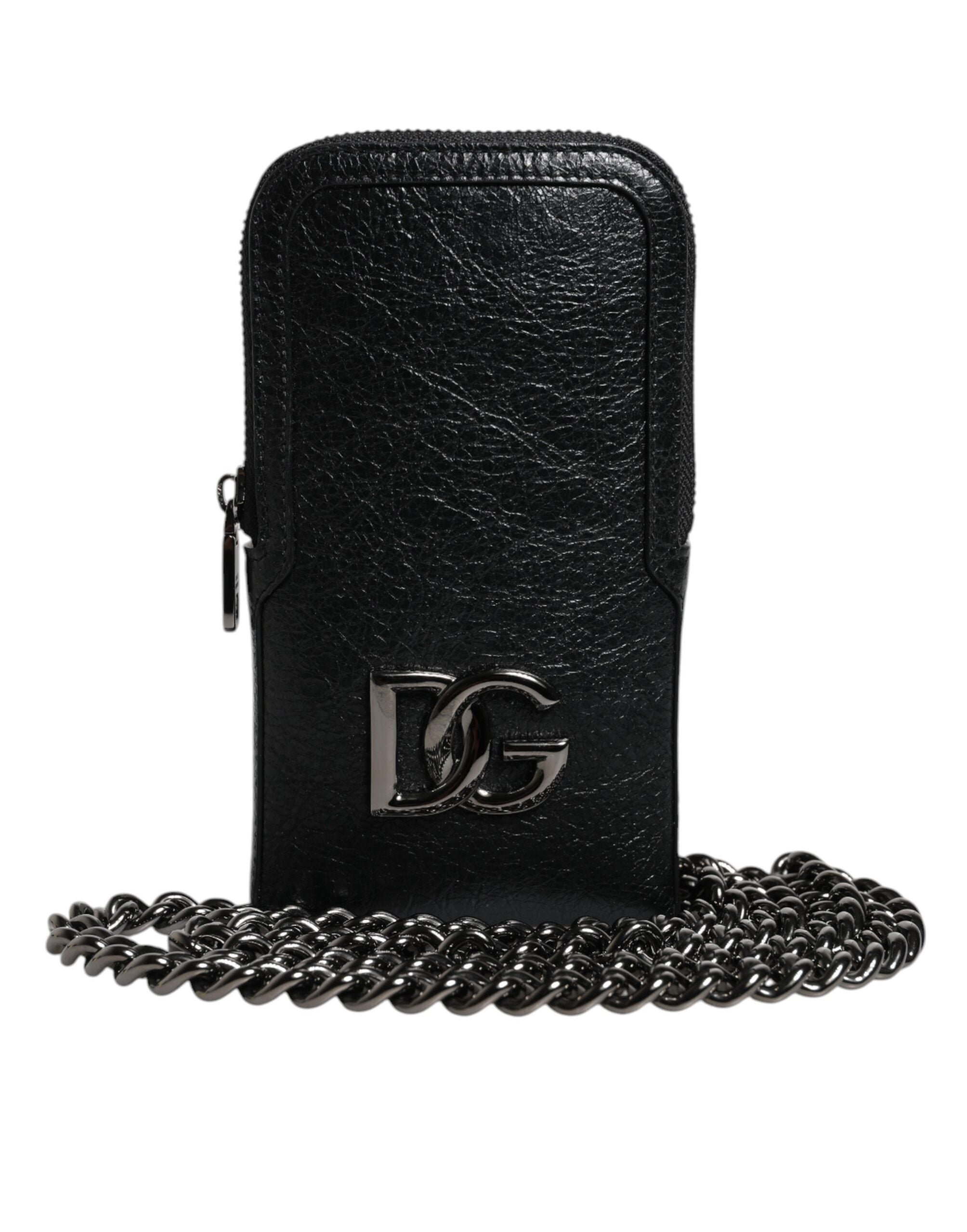 Sac à main en cuir noir Dolce &amp; Gabbana avec bandoulière et chaîne pour téléphone