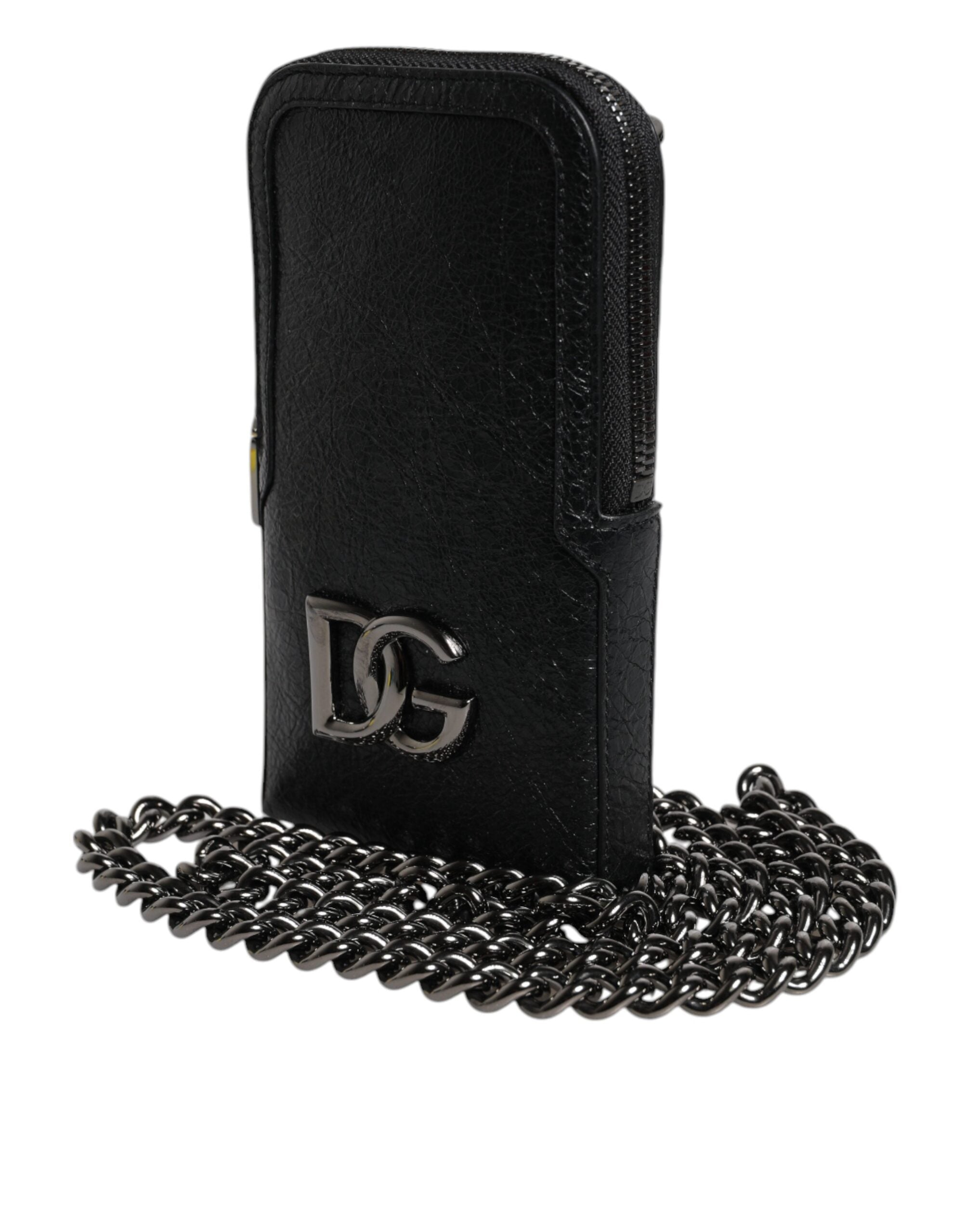 Sac à main en cuir noir Dolce &amp; Gabbana avec bandoulière et chaîne pour téléphone
