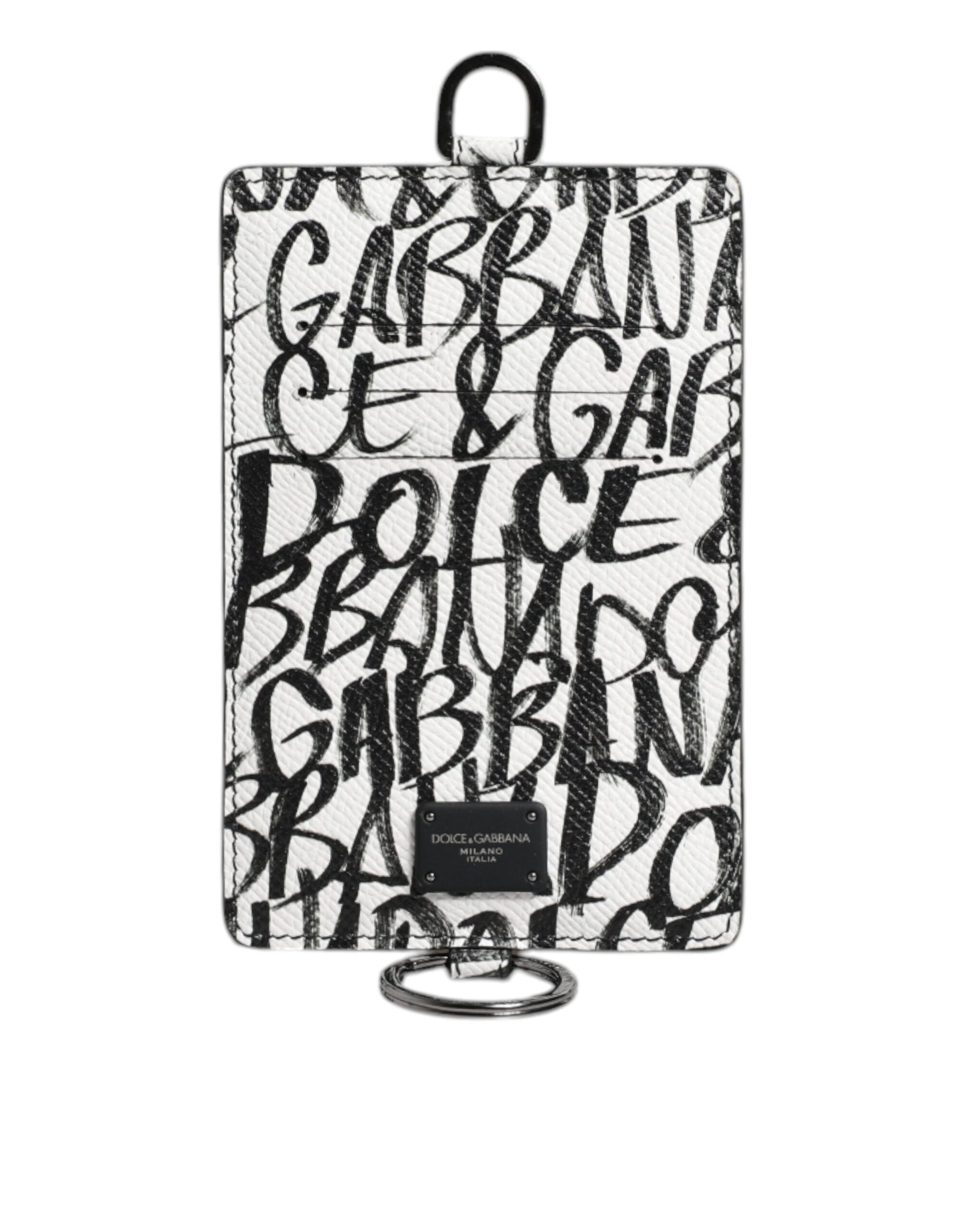 Portefeuille porte-cartes en cuir blanc Dolce &amp; Gabbana avec cordon et logo imprimé