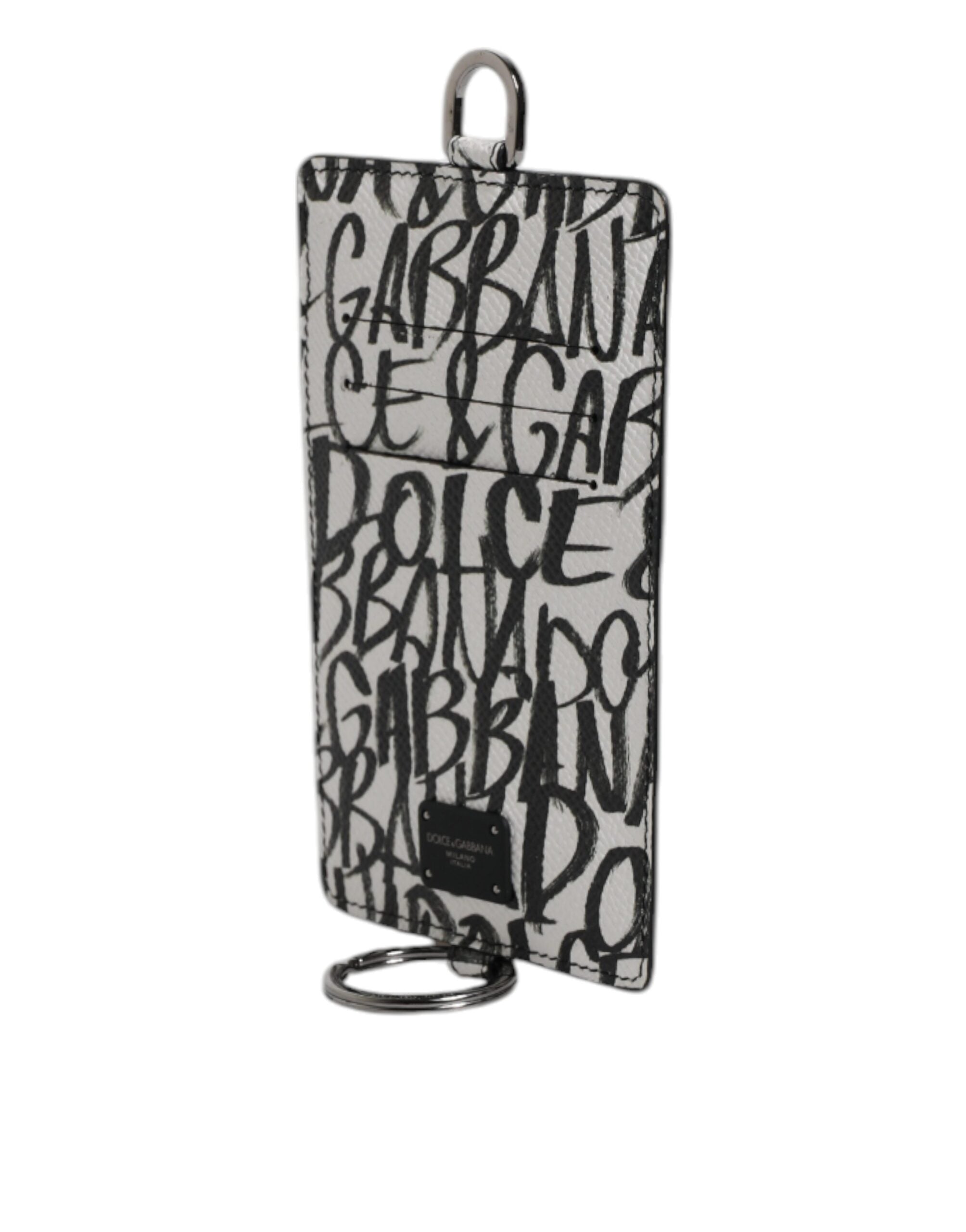 Portefeuille porte-cartes en cuir blanc Dolce &amp; Gabbana avec cordon et logo imprimé