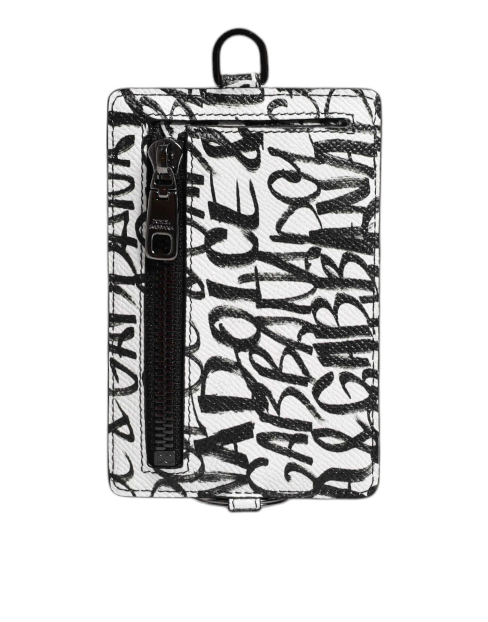 Portefeuille porte-cartes en cuir blanc Dolce &amp; Gabbana avec cordon et logo imprimé