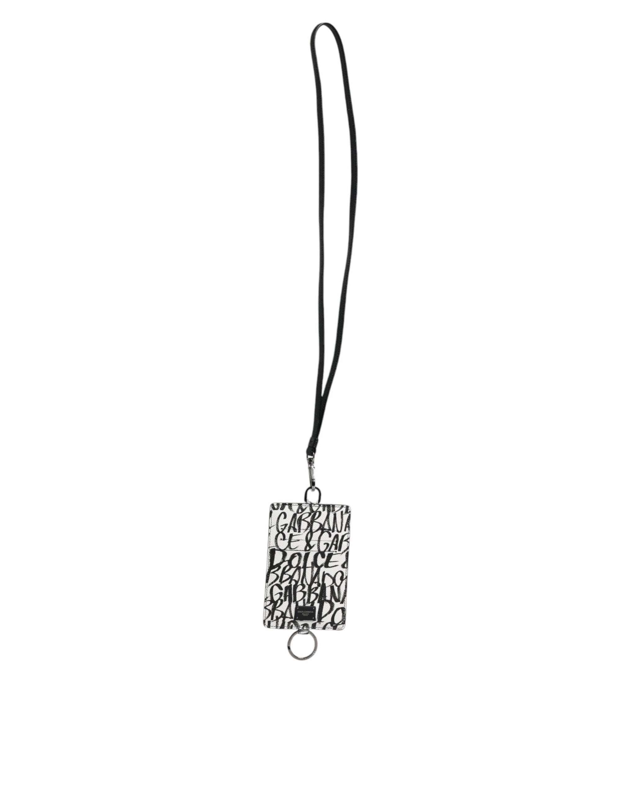 Portefeuille porte-cartes en cuir blanc Dolce &amp; Gabbana avec cordon et logo imprimé
