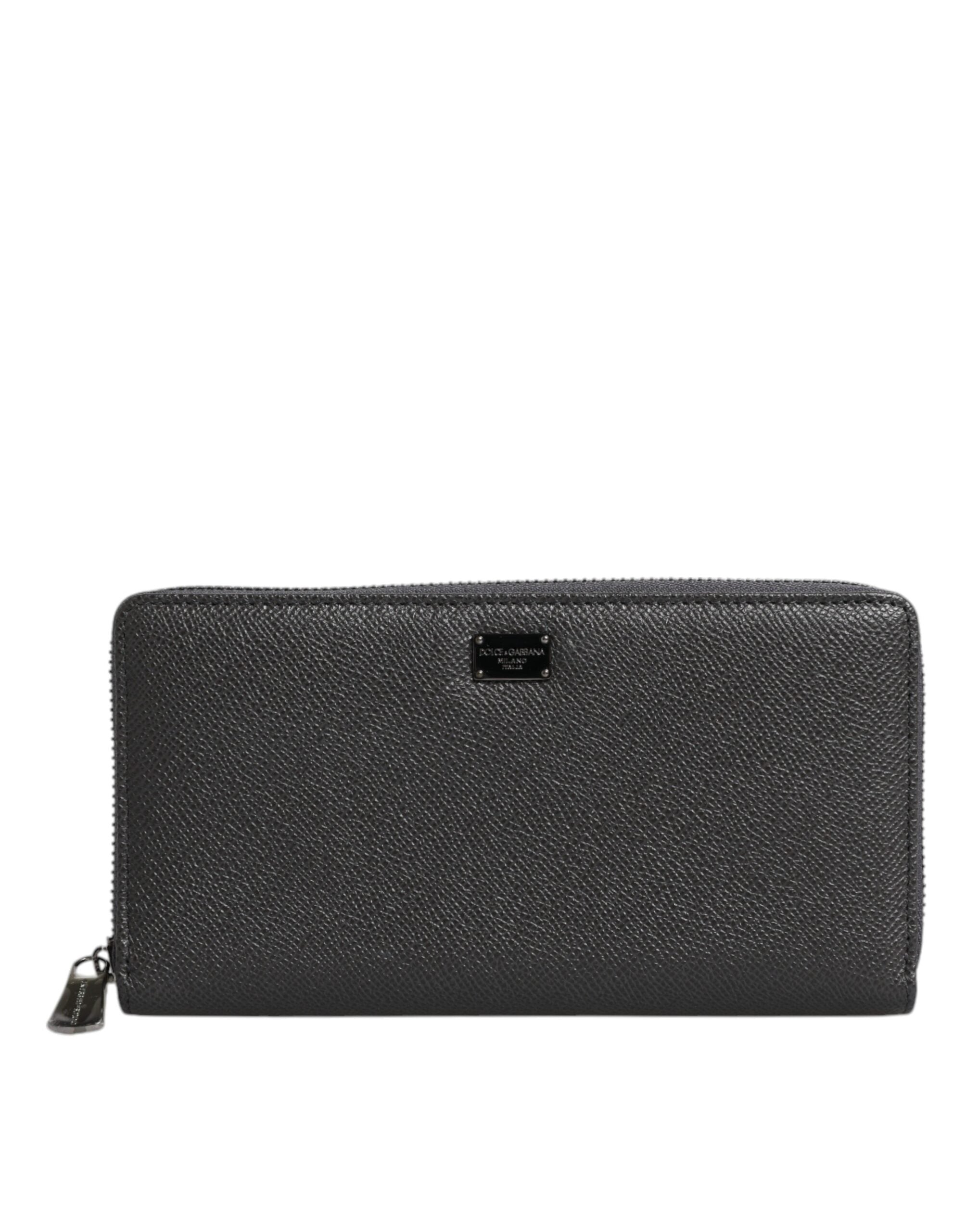 Portefeuille continental zippé Dolce &amp; Gabbana en cuir gris foncé avec logo DG