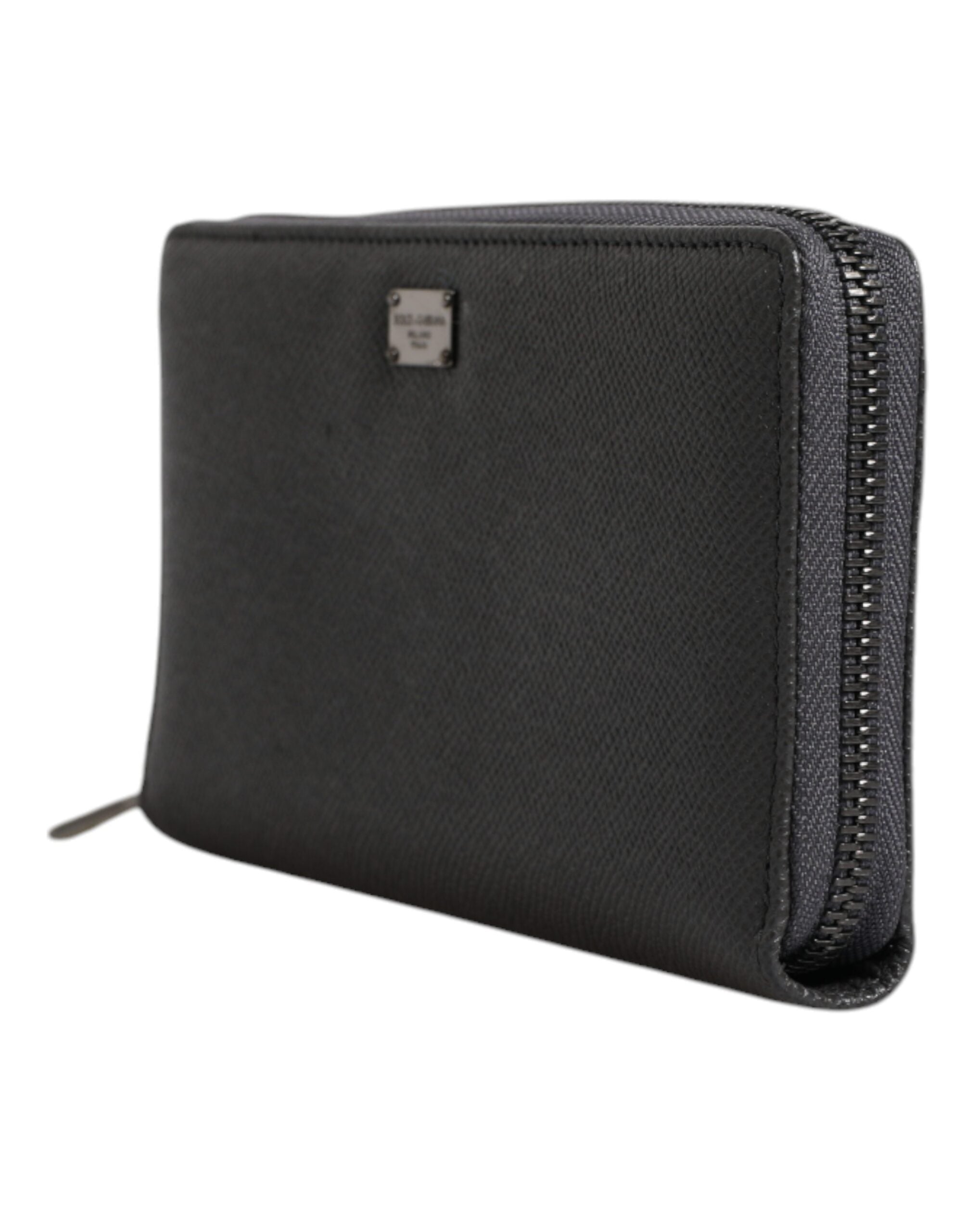 Portefeuille continental zippé Dolce &amp; Gabbana en cuir gris foncé avec logo DG