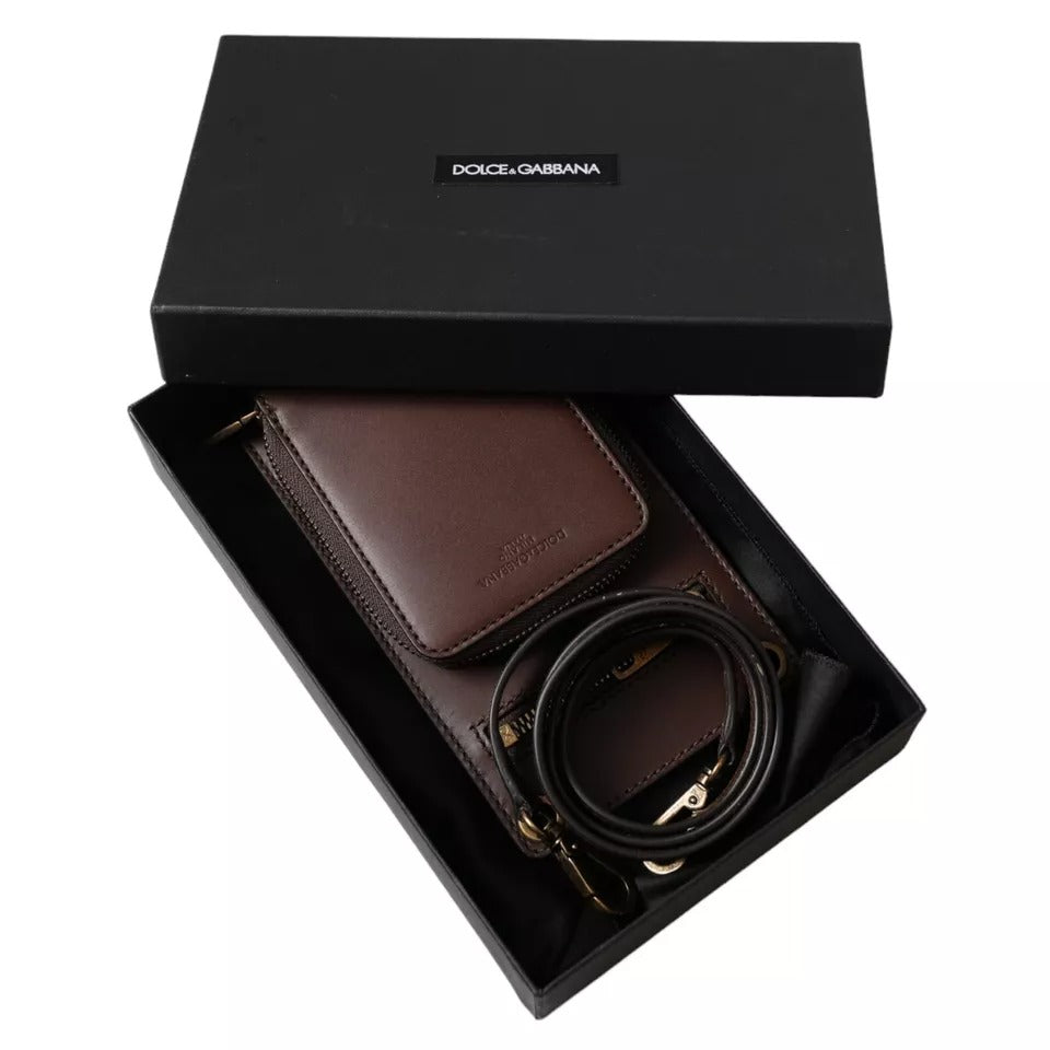 Portefeuille Dolce &amp; Gabbana en cuir de veau marron avec fermeture éclair et logo